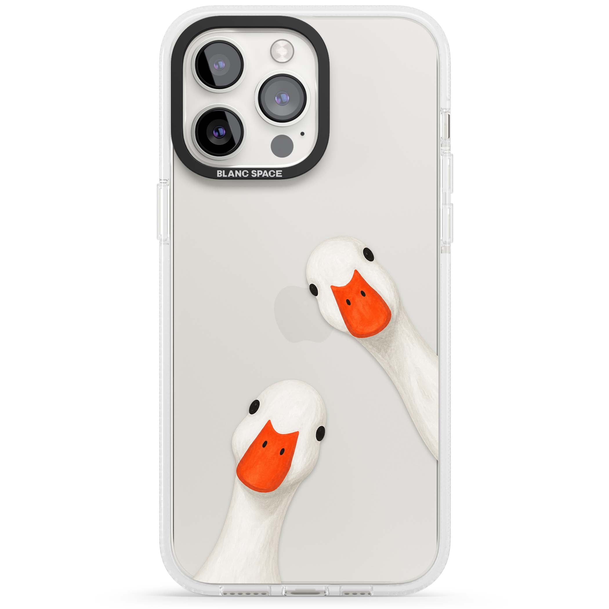 Nosy Ducks cottagecore iPhone case featuring two peeking white ducks with orange beaks on a clear background | Clear Case Impact Air case for iPhone 15 Pro, iPhone 15 Pro Max