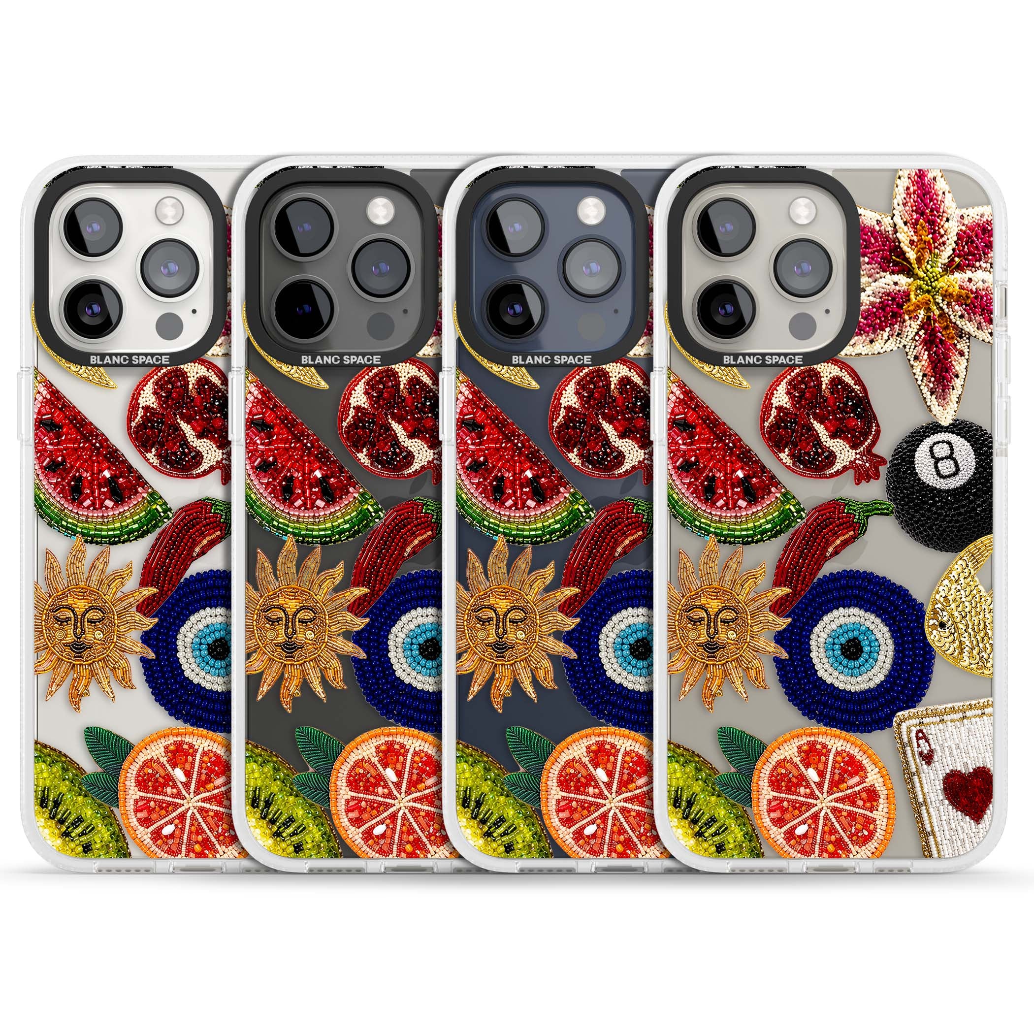 Beaded Charms embroidery iPhone case featuring beaded evil eye, fruit patches and a golden sun motif | Clear Case Impact Air case for iPhone 15 Pro, iPhone 15 Pro Max