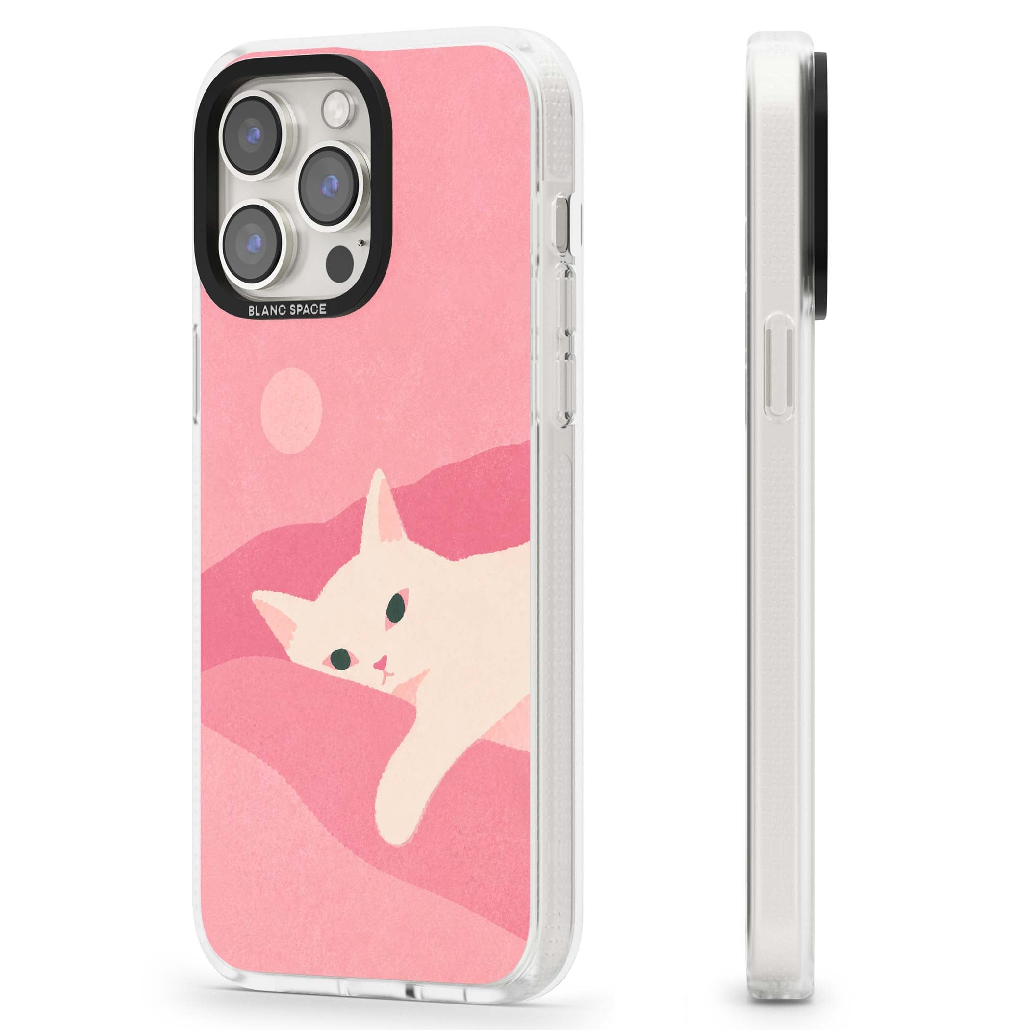 Pink Dreams cute cat iPhone case featuring a white kitten, soft pink hills and a pale pastel sun | Clear Case Impact Air case for iPhone 15 Pro, iPhone 15 Pro Max