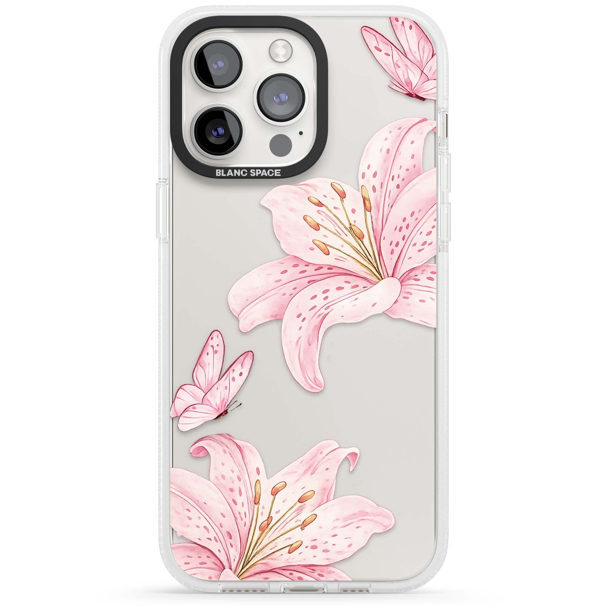 Lily Whisper floral iPhone case featuring pink watercolour lilies and delicate butterflies on a clear background | Clear Case Impact Air case for iPhone 15 Pro, iPhone 15 Pro Max