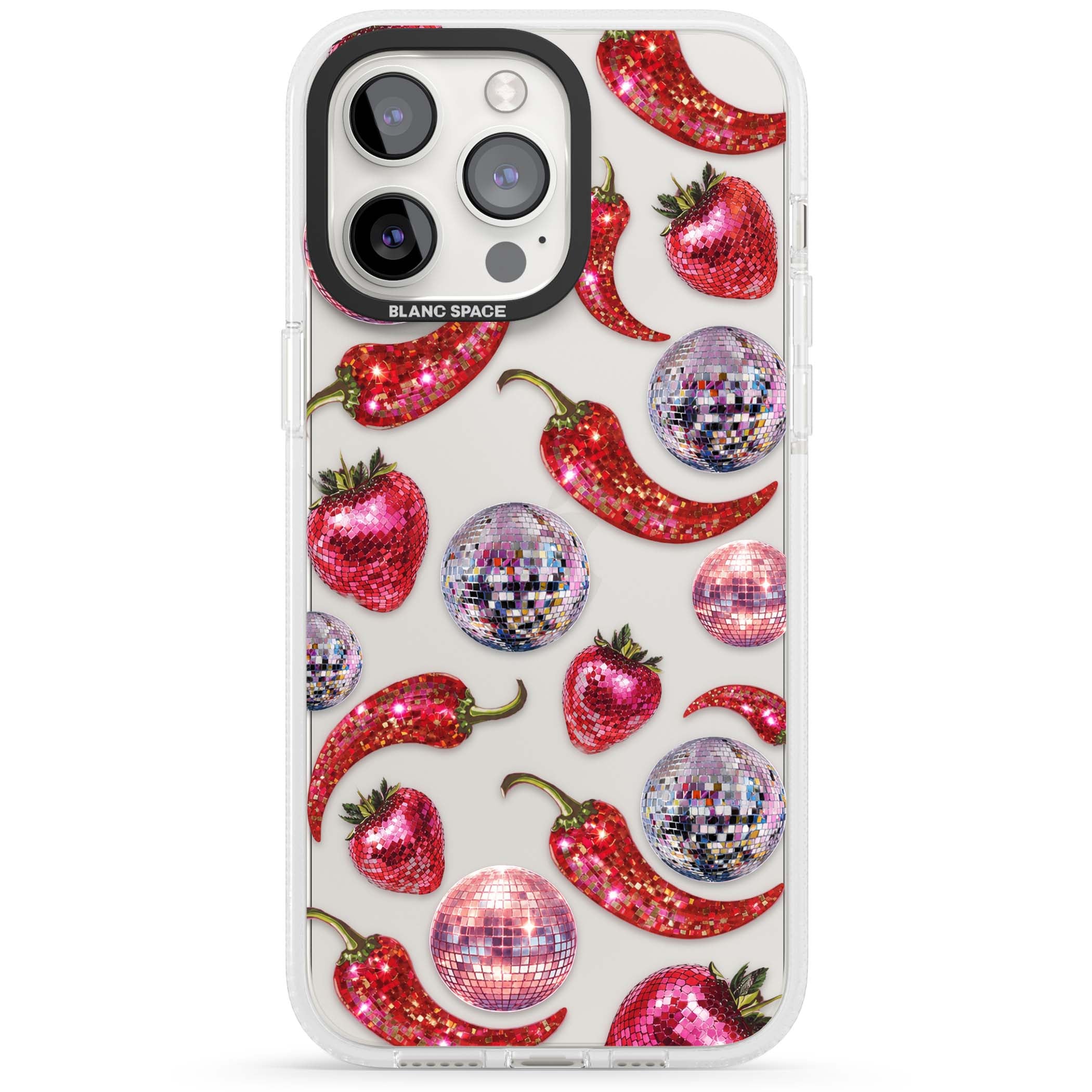 Spicy Disco Y2K iPhone case featuring glitter disco balls, sparkly strawberries and red chilli peppers | Clear Case Impact Air case for iPhone 15 Pro, iPhone 15 Pro Max
