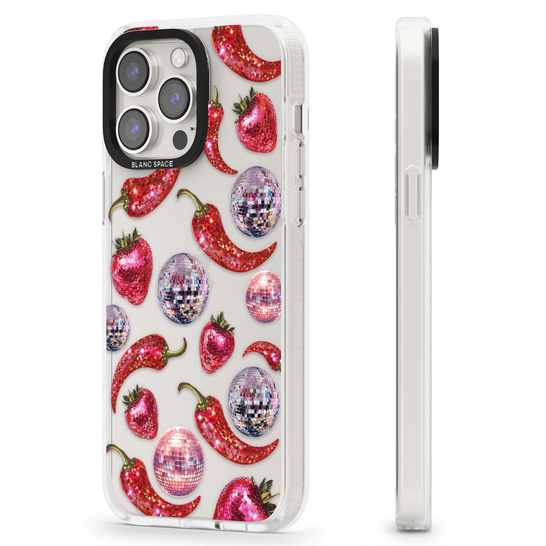 Spicy Disco Y2K iPhone case featuring glitter disco balls, sparkly strawberries and red chilli peppers | Clear Case Impact Air case for iPhone 15 Pro, iPhone 15 Pro Max