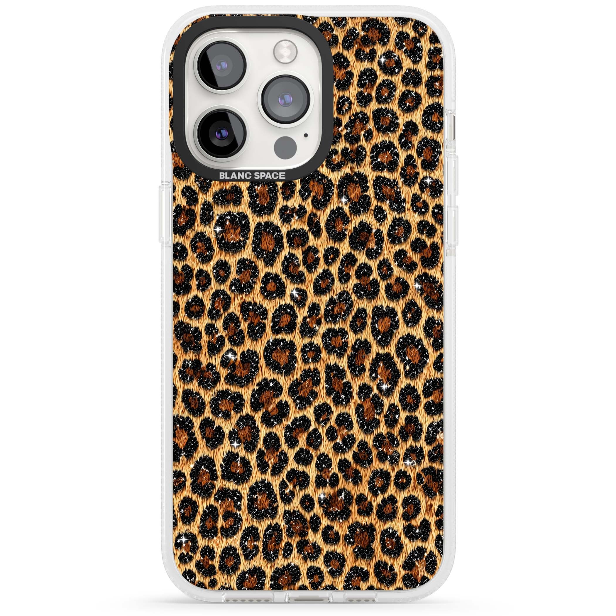 Diamond Leopard leopard print iPhone case featuring golden tan fur, black rosette spots and subtle glitter sparkle | Clear Case Impact Air case for iPhone 15 Pro, iPhone 15 Pro Max