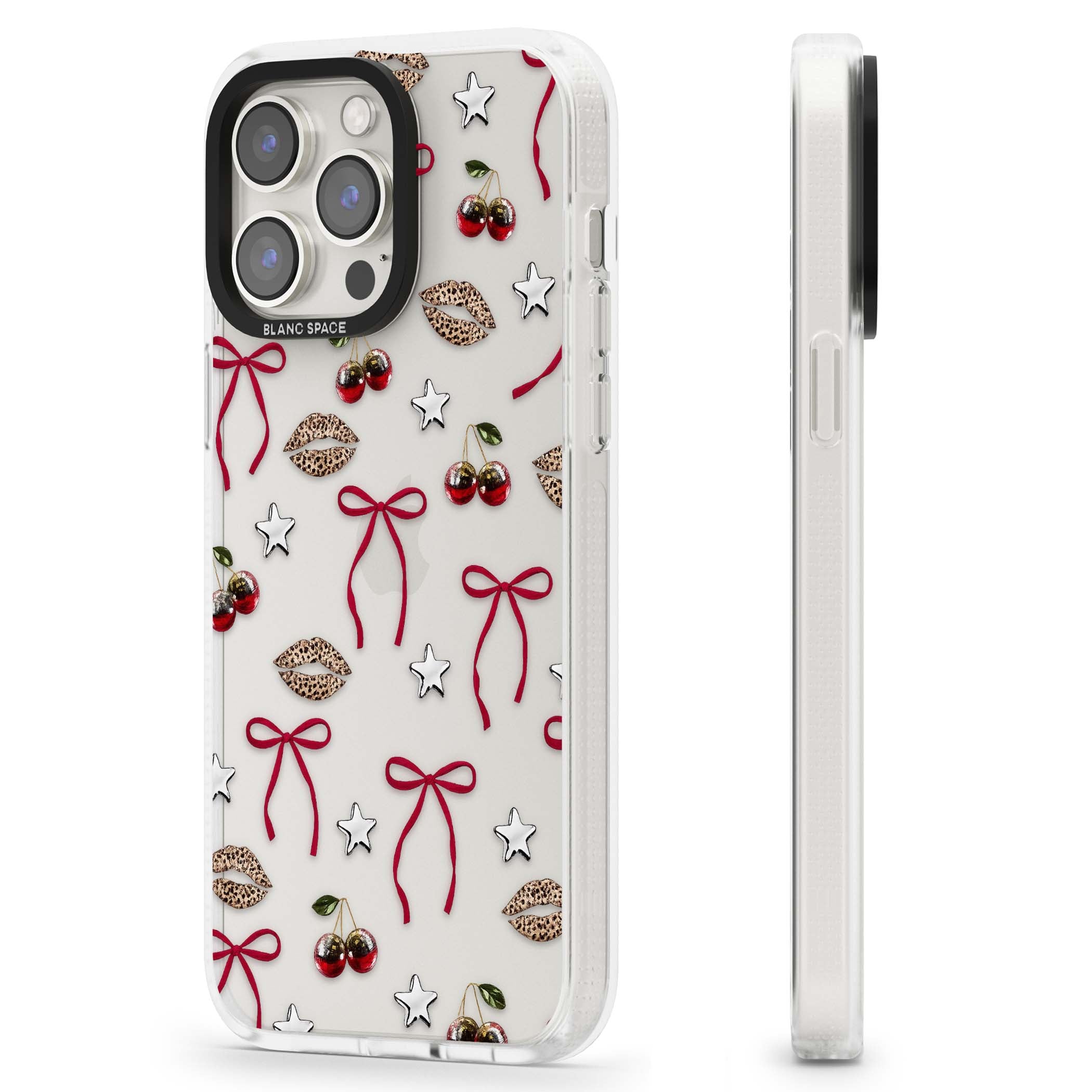 Starlet coquette iPhone case featuring red ribbon bows, disco cherries and leopard-print lips | Clear Case Impact Air case for iPhone 15 Pro, iPhone 15 Pro Max