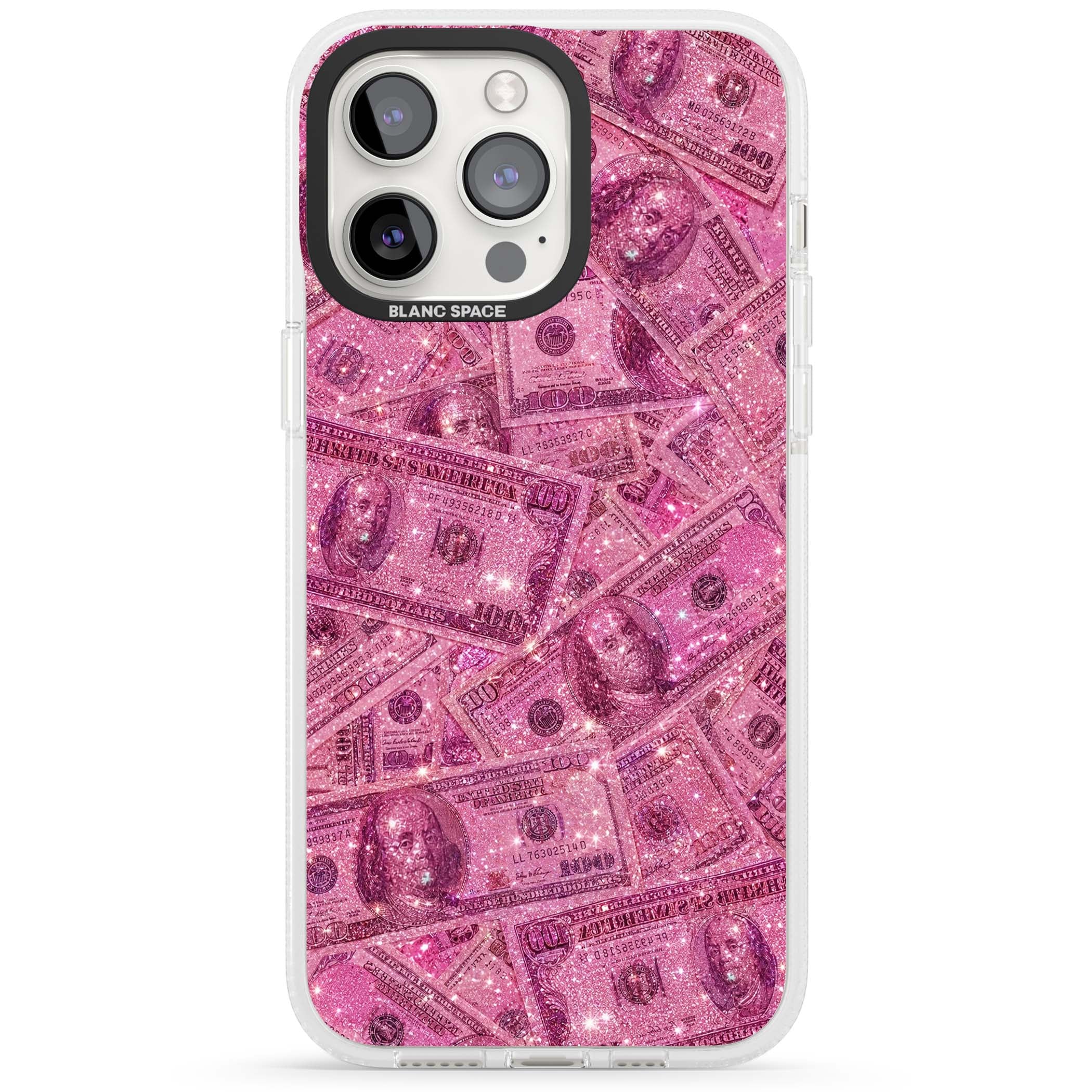 Glamorous baddie iPhone case featuring pink glitter hundred dollar bills and sparkling money wallpaper design | Clear Case Impact Air case for iPhone 15 Pro, iPhone 15 Pro Max