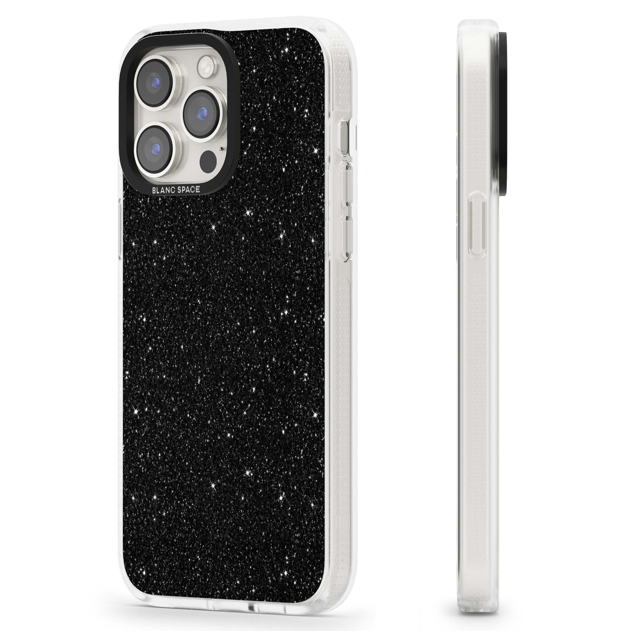 Black Glitter black glitter iPhone case featuring an all-over sparkly shimmer pattern on a jet black base | Clear Case Impact Air case for iPhone 15 Pro, iPhone 15 Pro Max