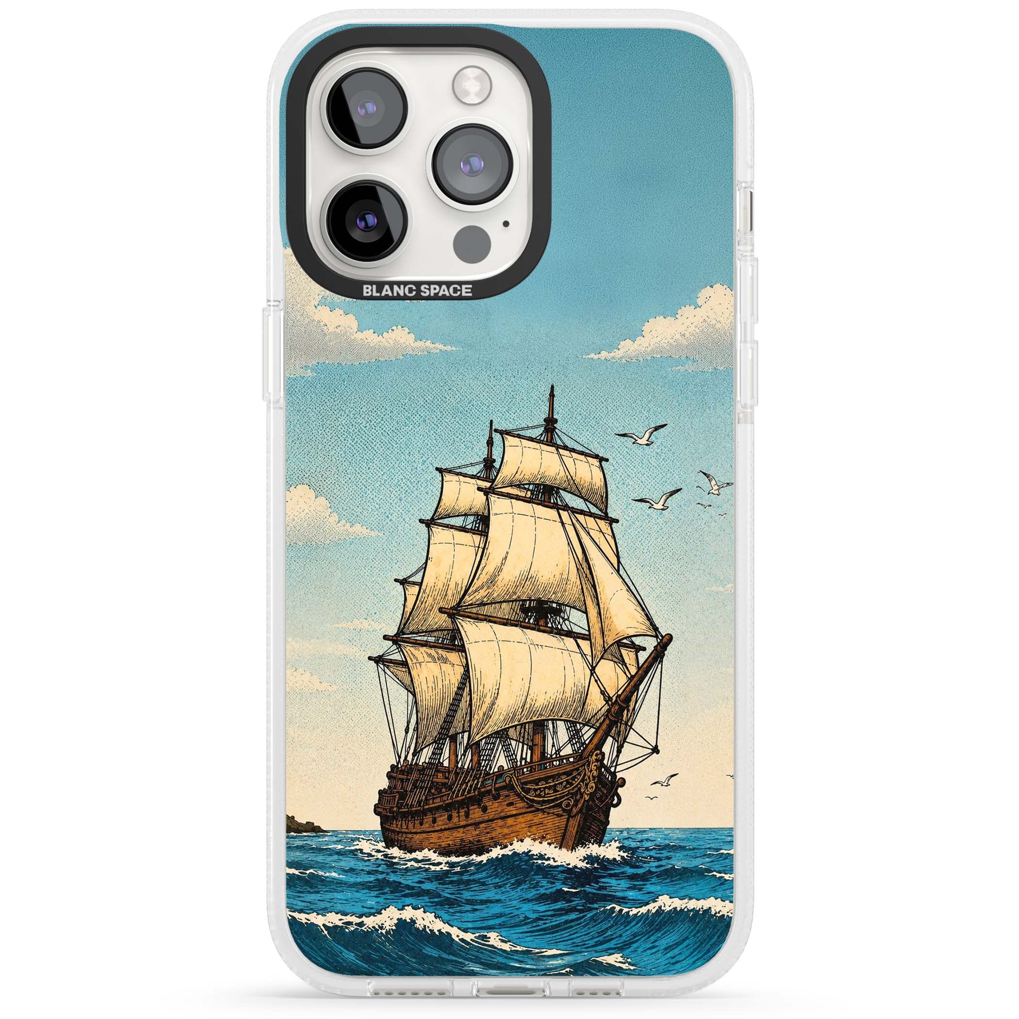 Ship at Sea nautical iPhone case featuring a vintage tall ship, ocean waves and seagulls | Clear Case Impact Air case for iPhone 15 Pro, iPhone 15 Pro Max