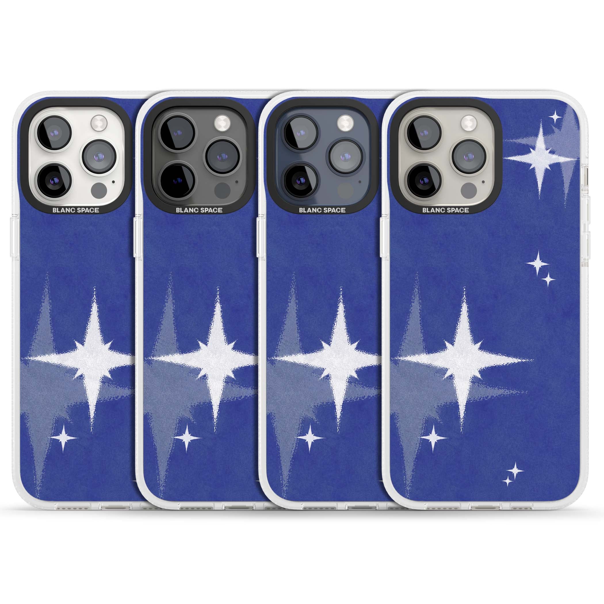 Blue Sparkle celestial iPhone case featuring sparkling silver stars on a deep blue painterly night sky | Clear Case Impact Air case for iPhone 15 Pro, iPhone 15 Pro Max
