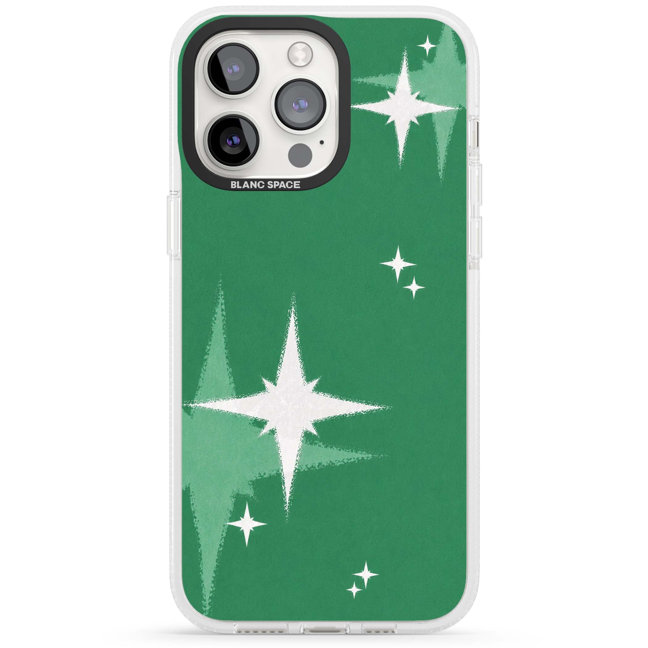 Green Sparkle celestial iPhone case featuring sparkling white four-point stars on a deep green background | Clear Case Impact Air case for iPhone 15 Pro, iPhone 15 Pro Max