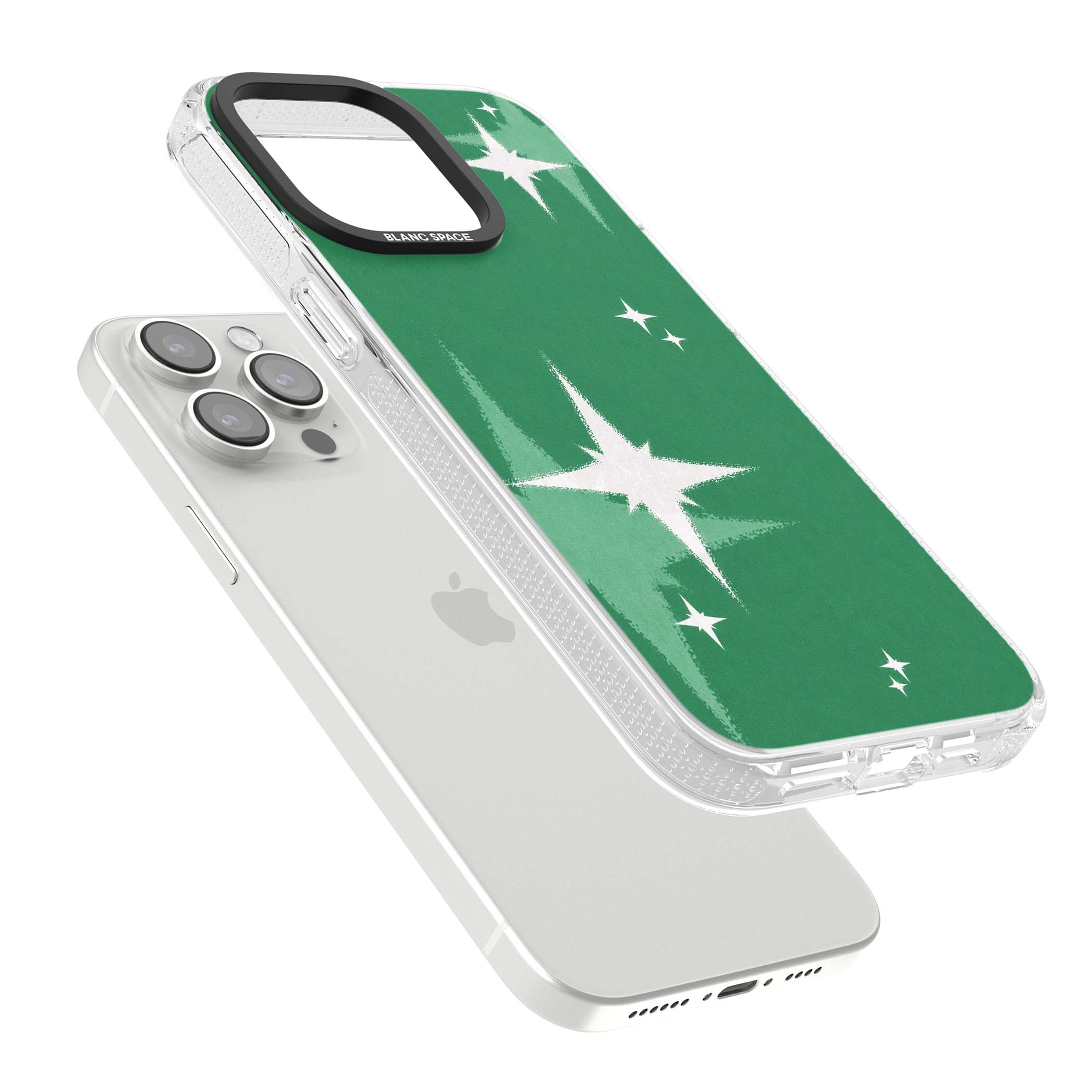 Green Sparkle celestial iPhone case featuring sparkling white four-point stars on a deep green background | Clear Case Impact Air case for iPhone 15 Pro, iPhone 15 Pro Max