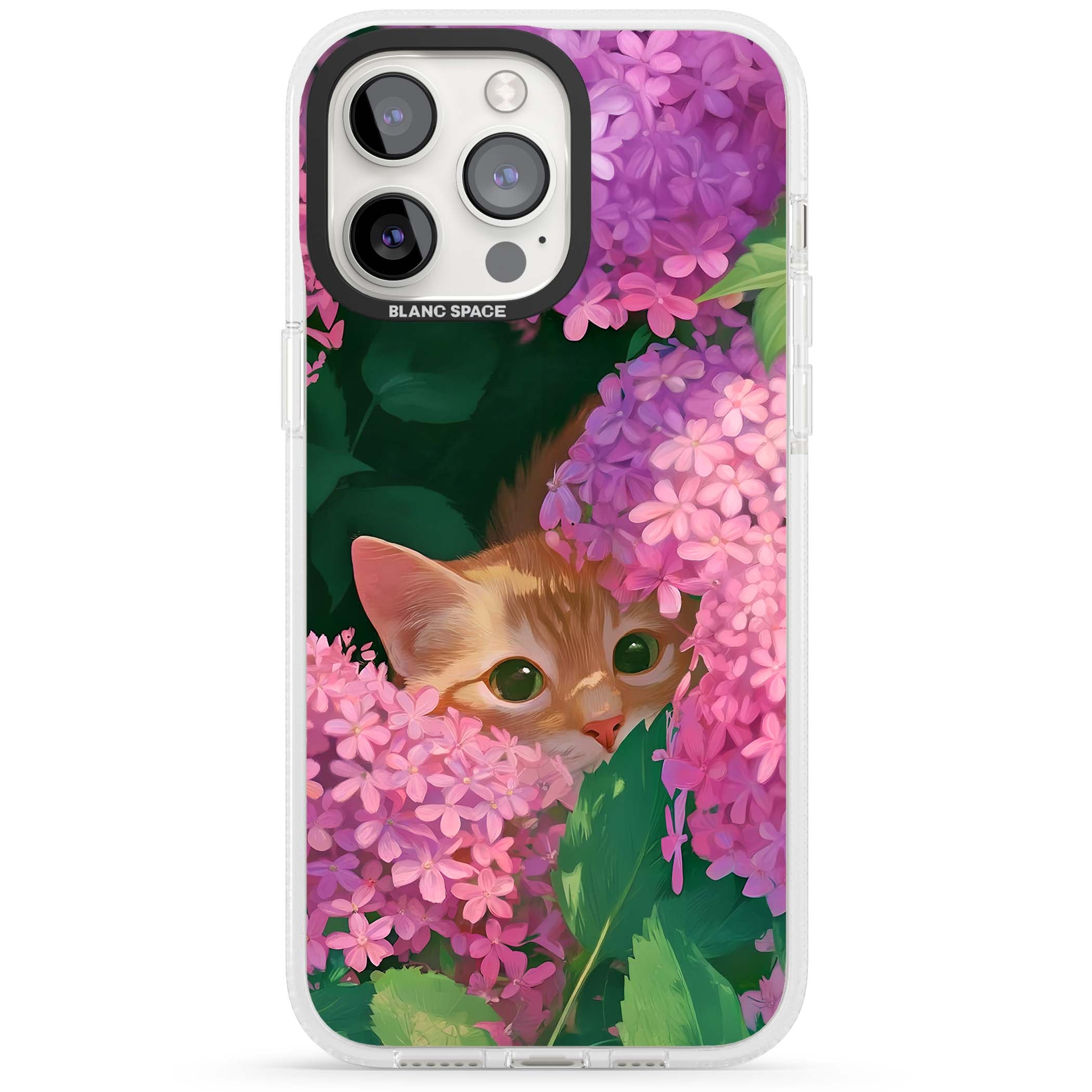 Cat In Pink Flowers cottagecore iPhone case featuring a ginger kitten peeking through lilac and pink hydrangea flo | Clear Case Impact Air case for iPhone 15 Pro, iPhone 15 Pro Max