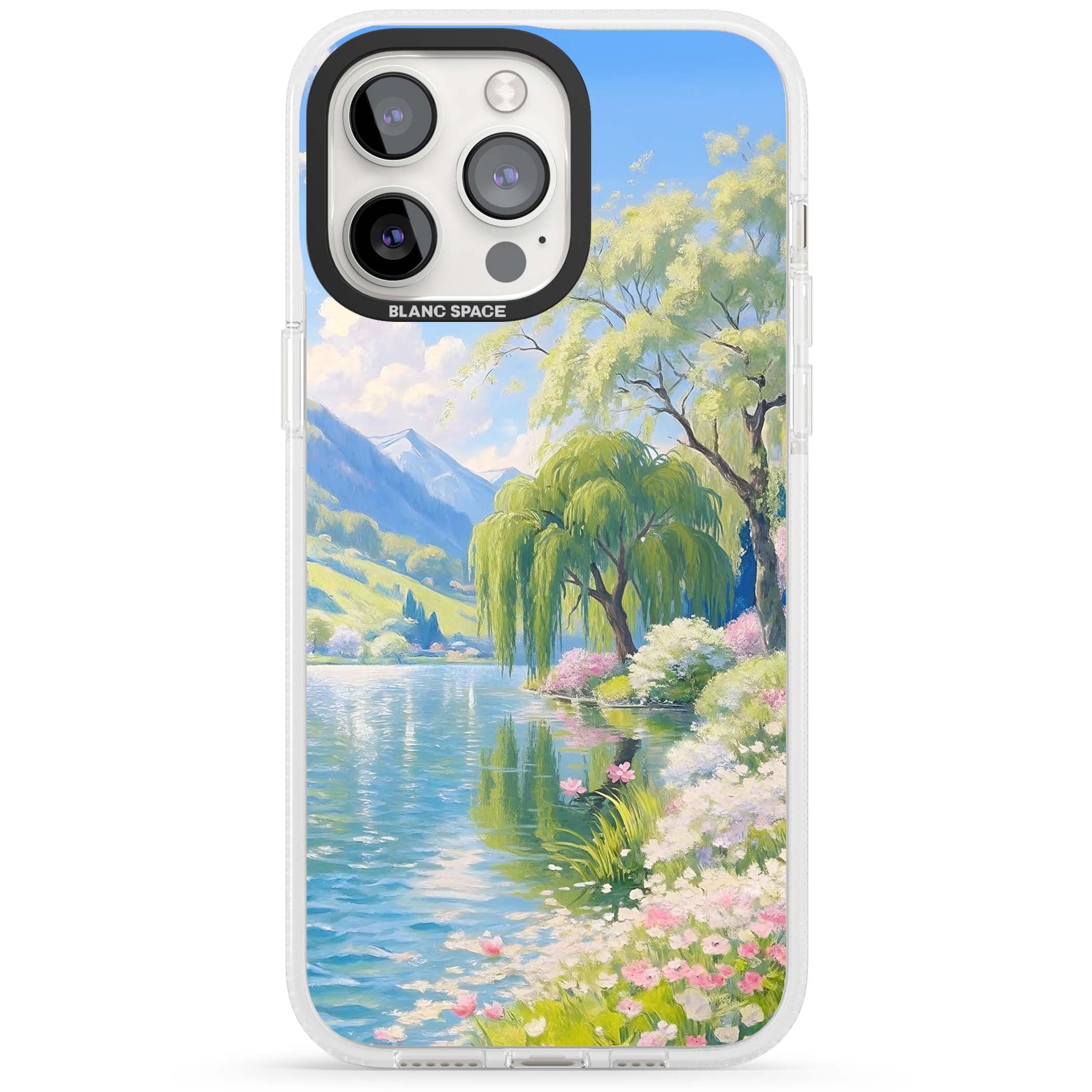 Willow Lake cottagecore iPhone case featuring a painted lakeside with weeping willow, blossoms and distant mountains | Clear Case Impact Air case for iPhone 15 Pro, iPhone 15 Pro Max
