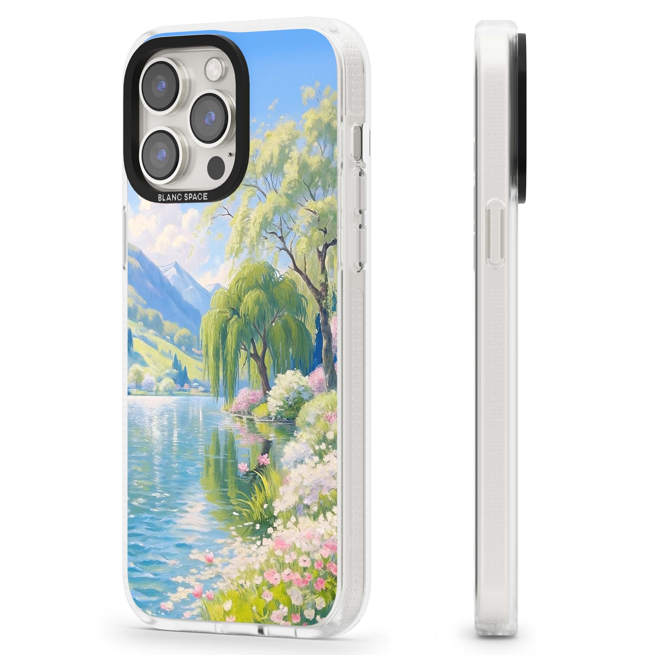 Willow Lake cottagecore iPhone case featuring a painted lakeside with weeping willow, blossoms and distant mountains | Clear Case Impact Air case for iPhone 15 Pro, iPhone 15 Pro Max