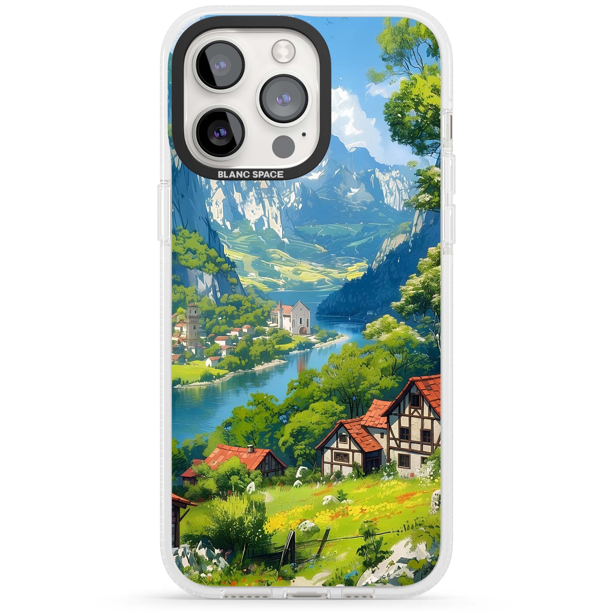 Village In The Valley anime iPhone case featuring a painted mountain village, river valley and half-timbered cottages. | Clear Case Impact Air case for iPhone 15 Pro, iPhone 15 Pro Max