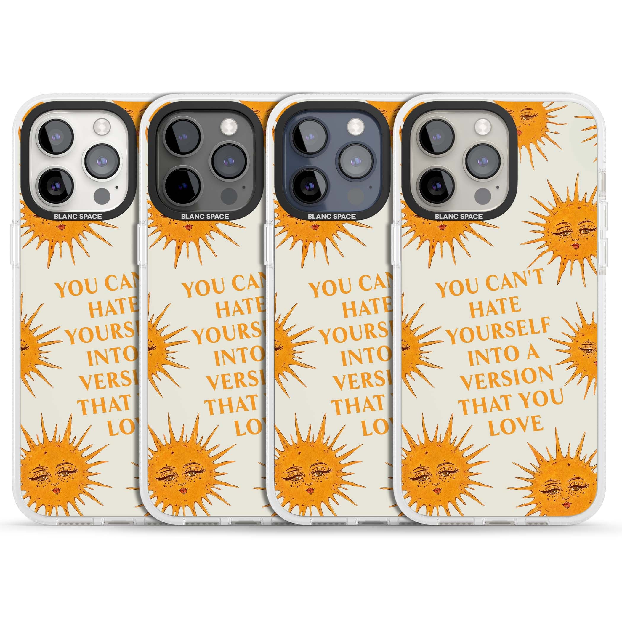 Don't Hate Yourself celestial iPhone case featuring vintage sun faces, ochre rays and a self-love quote | Clear Case Impact Air case for iPhone 15 Pro, iPhone 15 Pro Max