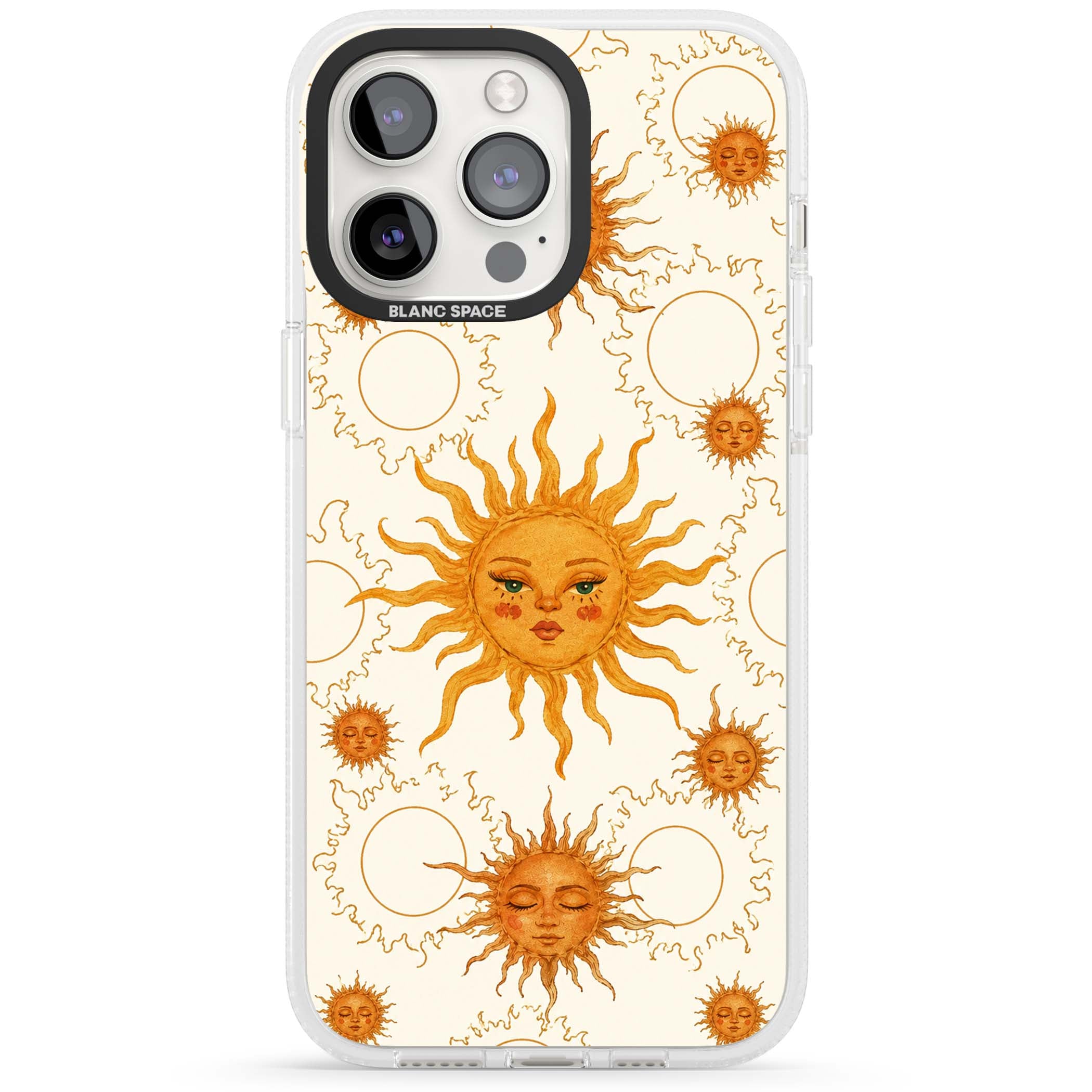 Solstice Muse celestial iPhone case featuring hand-painted golden sun faces, closed-eye sun goddesses and outlined moons... | Clear Case Impact Air case for iPhone 15 Pro, iPhone 15 Pro Max