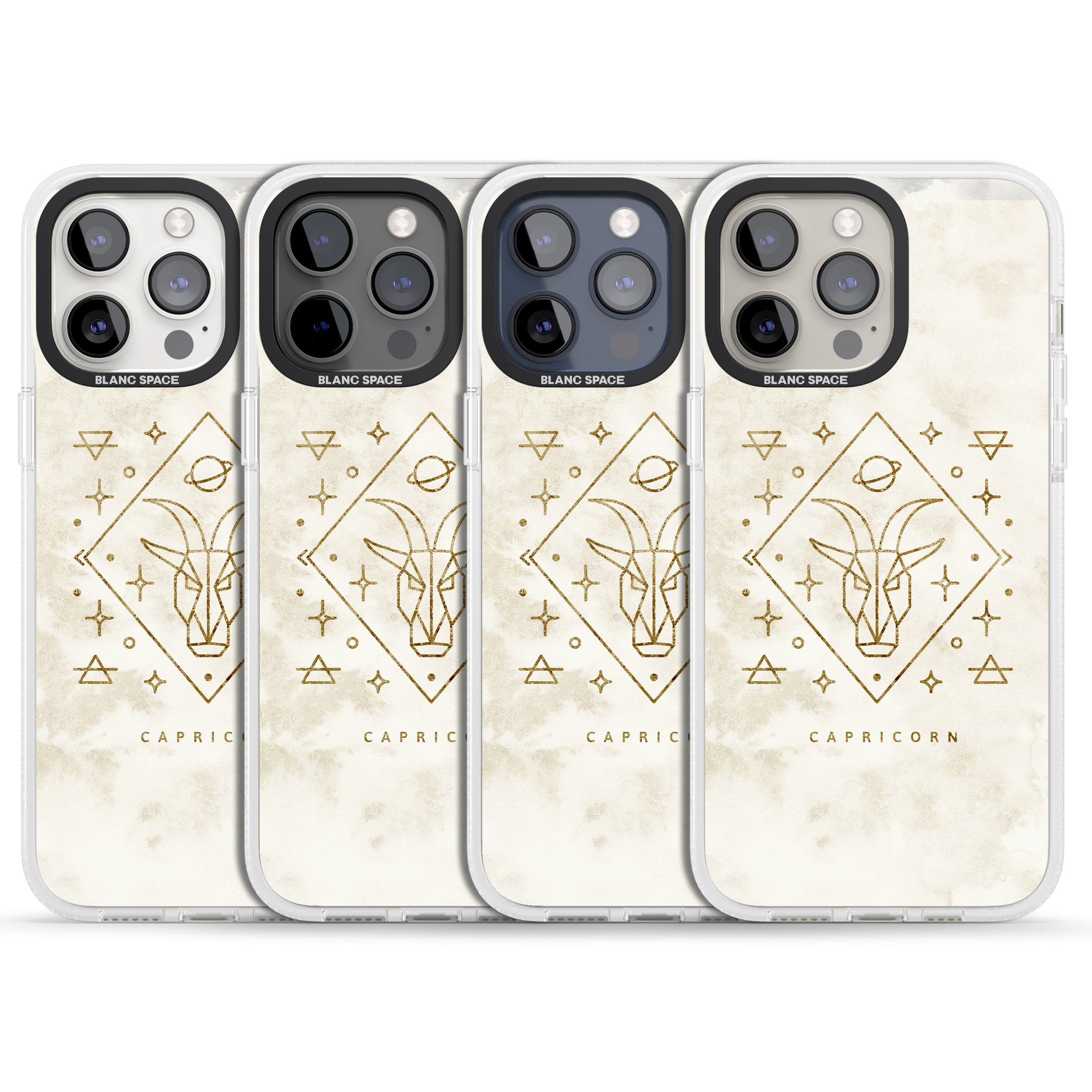 Capricorn Emblem - Solid Gold Marbled Design iPhone 15 Pro Max / 15 Pro / 14 Pro Max / 14 Pro / 13 Pro Clear Case Impact Air - Blanc Space