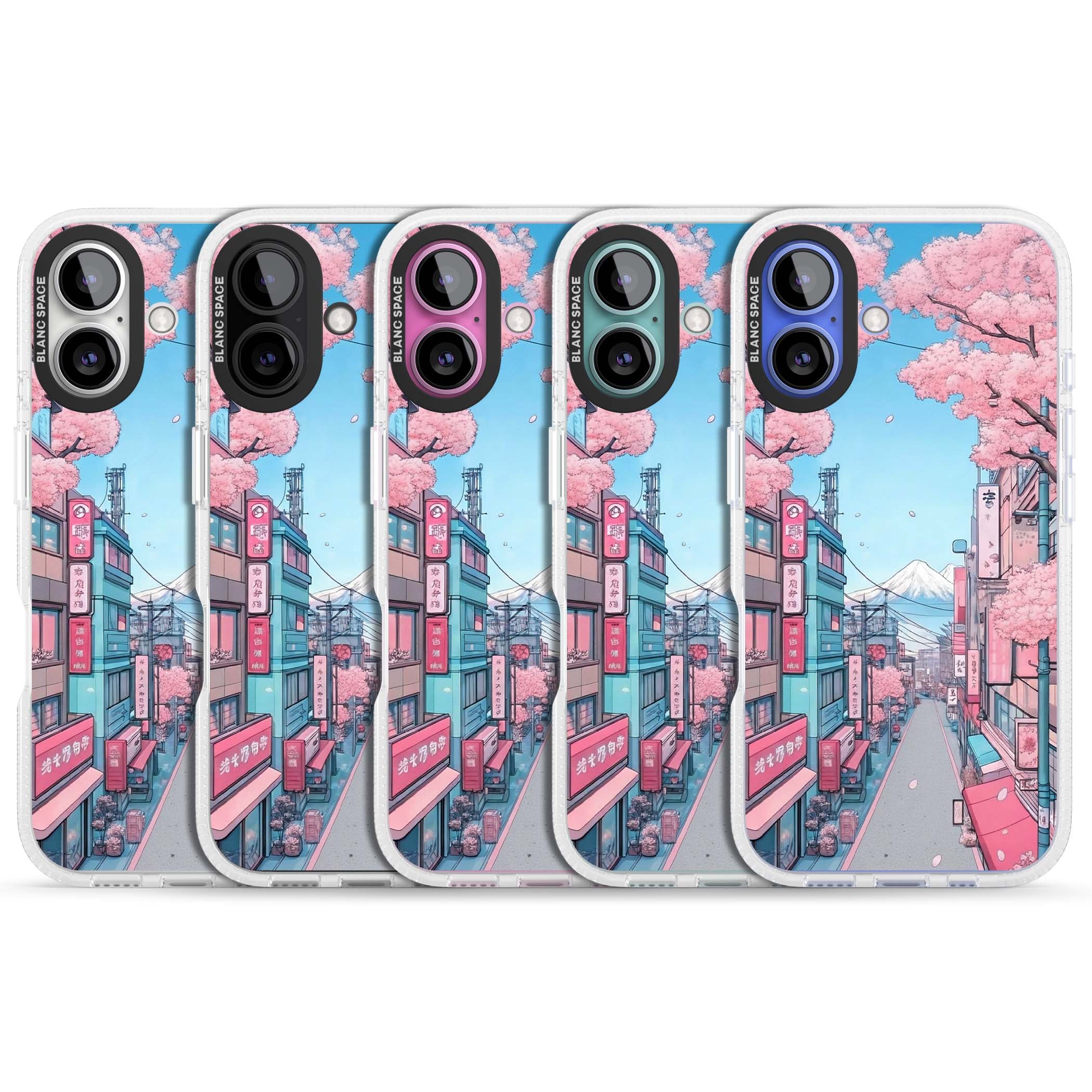 Sakura Lane anime iPhone case featuring Tokyo street scene with cherry blossoms and Mount Fuji | Clear Case Impact Air case for iPhone 16, iPhone 16 Plus