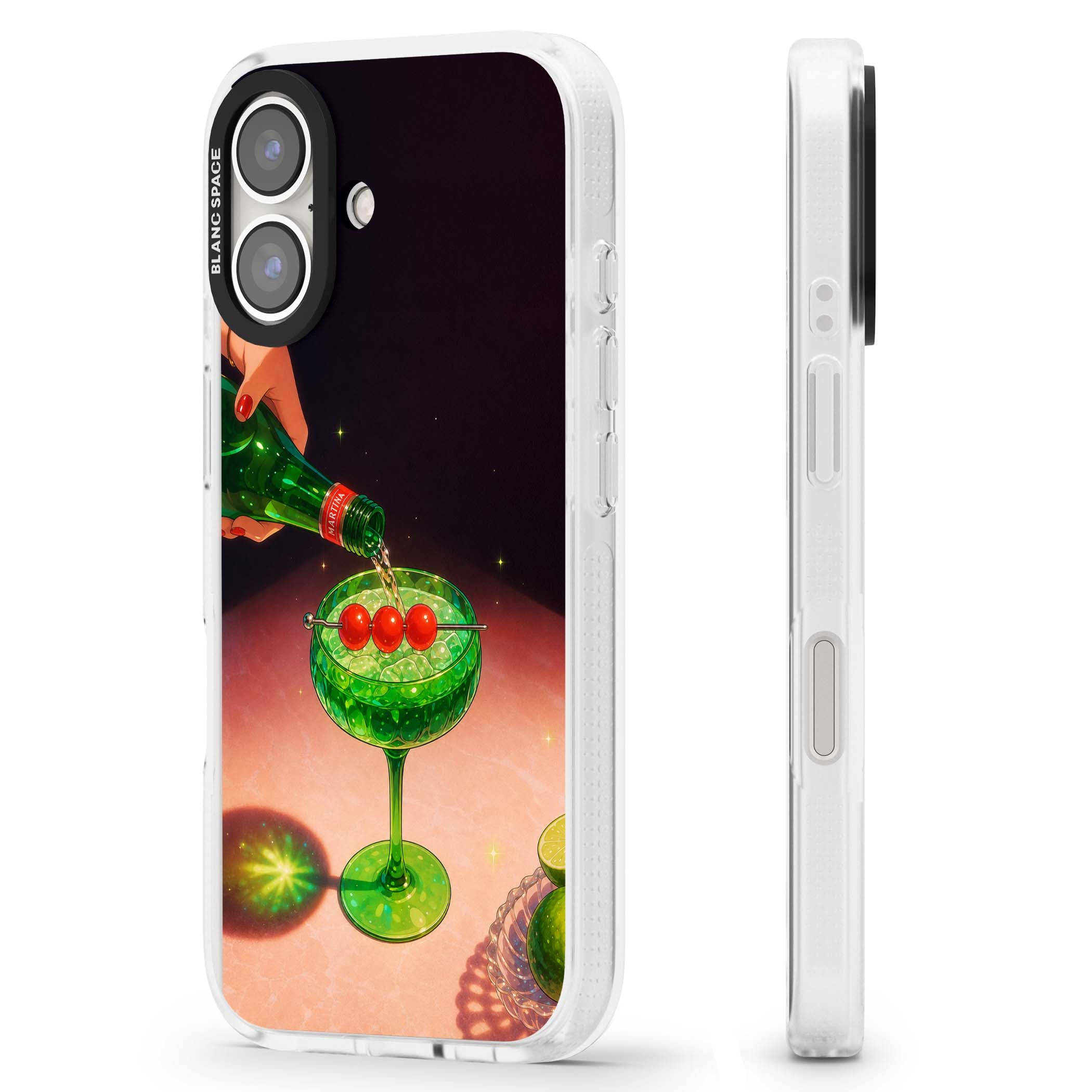 Absinthe Hour cocktail iPhone case featuring a green coupe glass, cherry garnish and vintage bottle pour illustration | Clear Case Impact Air case for iPhone 16, iPhone 16 Plus