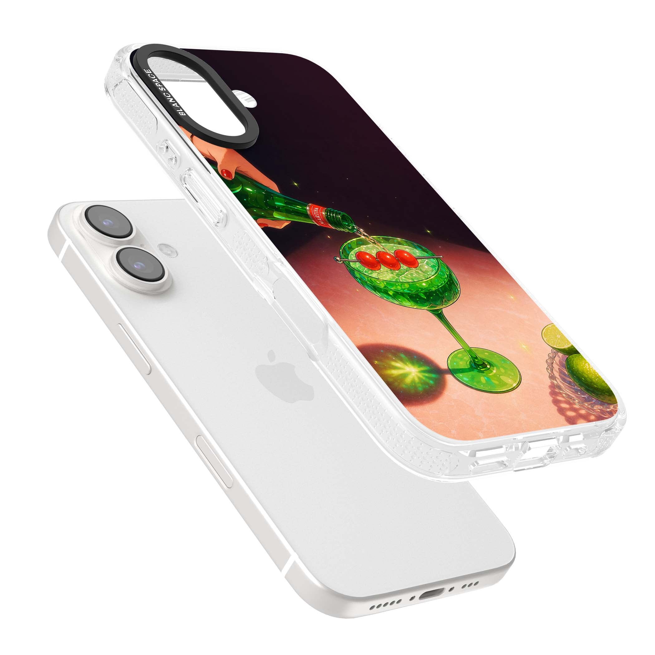 Absinthe Hour cocktail iPhone case featuring a green coupe glass, cherry garnish and vintage bottle pour illustration | Clear Case Impact Air case for iPhone 16, iPhone 16 Plus
