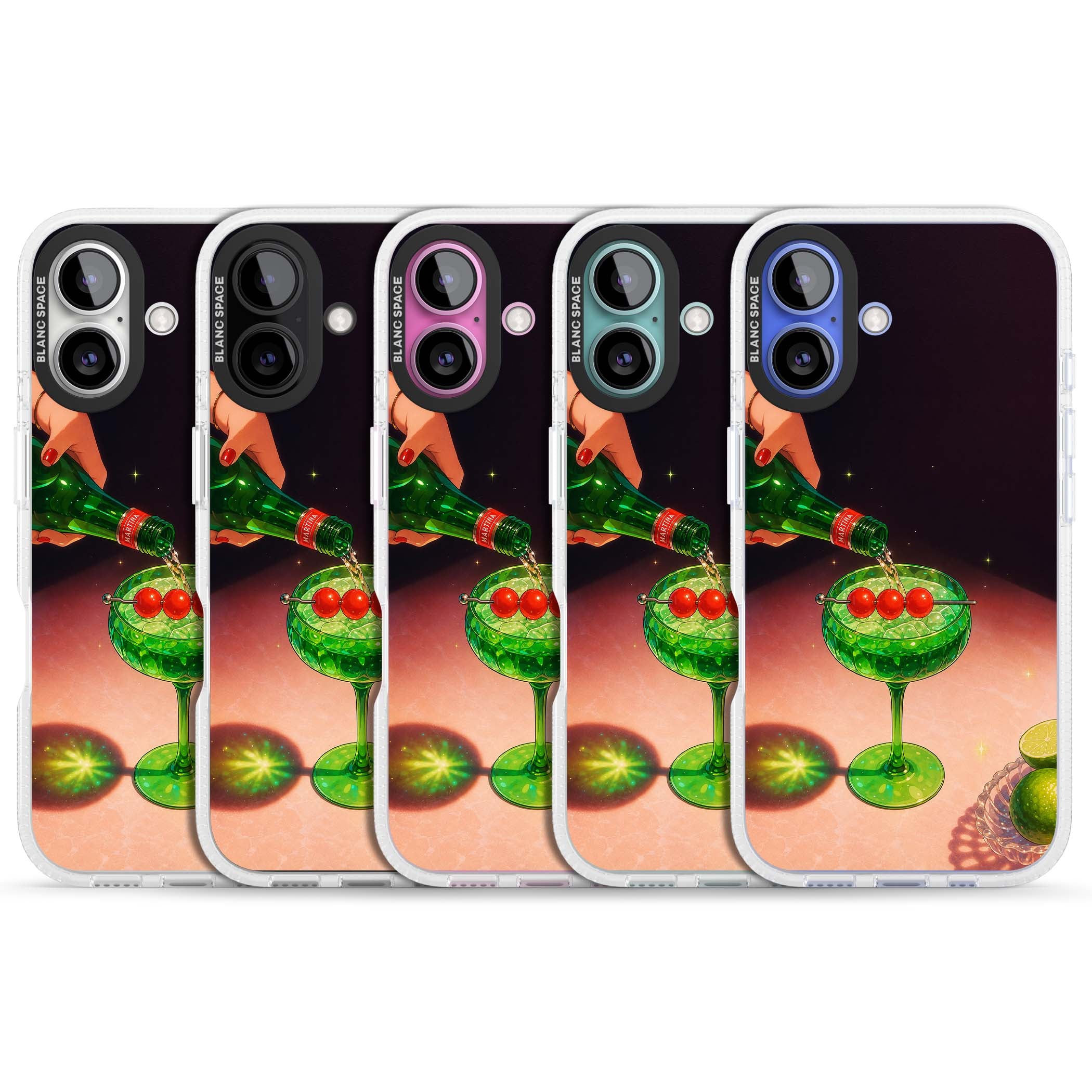 Absinthe Hour cocktail iPhone case featuring a green coupe glass, cherry garnish and vintage bottle pour illustration | Clear Case Impact Air case for iPhone 16, iPhone 16 Plus