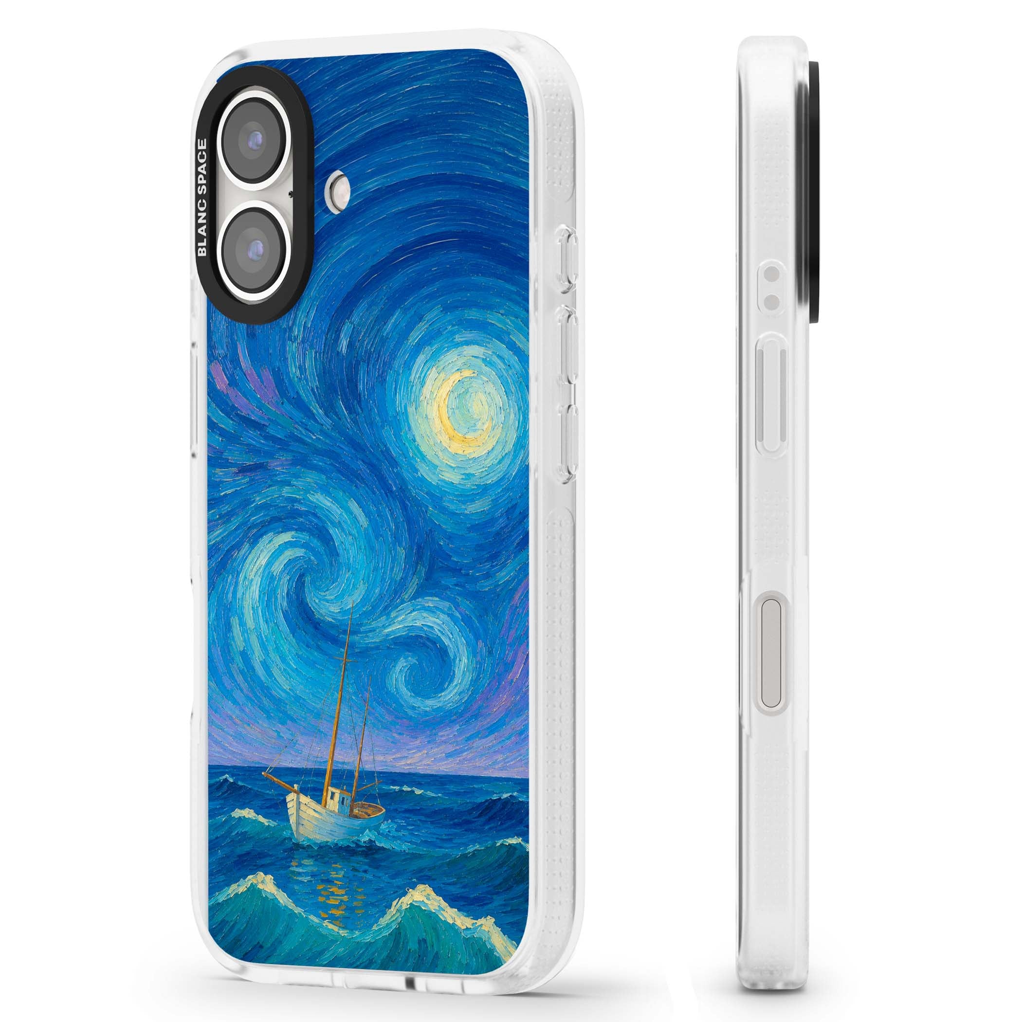 Moonlit Tide Van Gogh art iPhone case featuring swirling starry night sky, glowing moon and lone sailing boat at sea | Clear Case Impact Air case for iPhone 16, iPhone 16 Plus