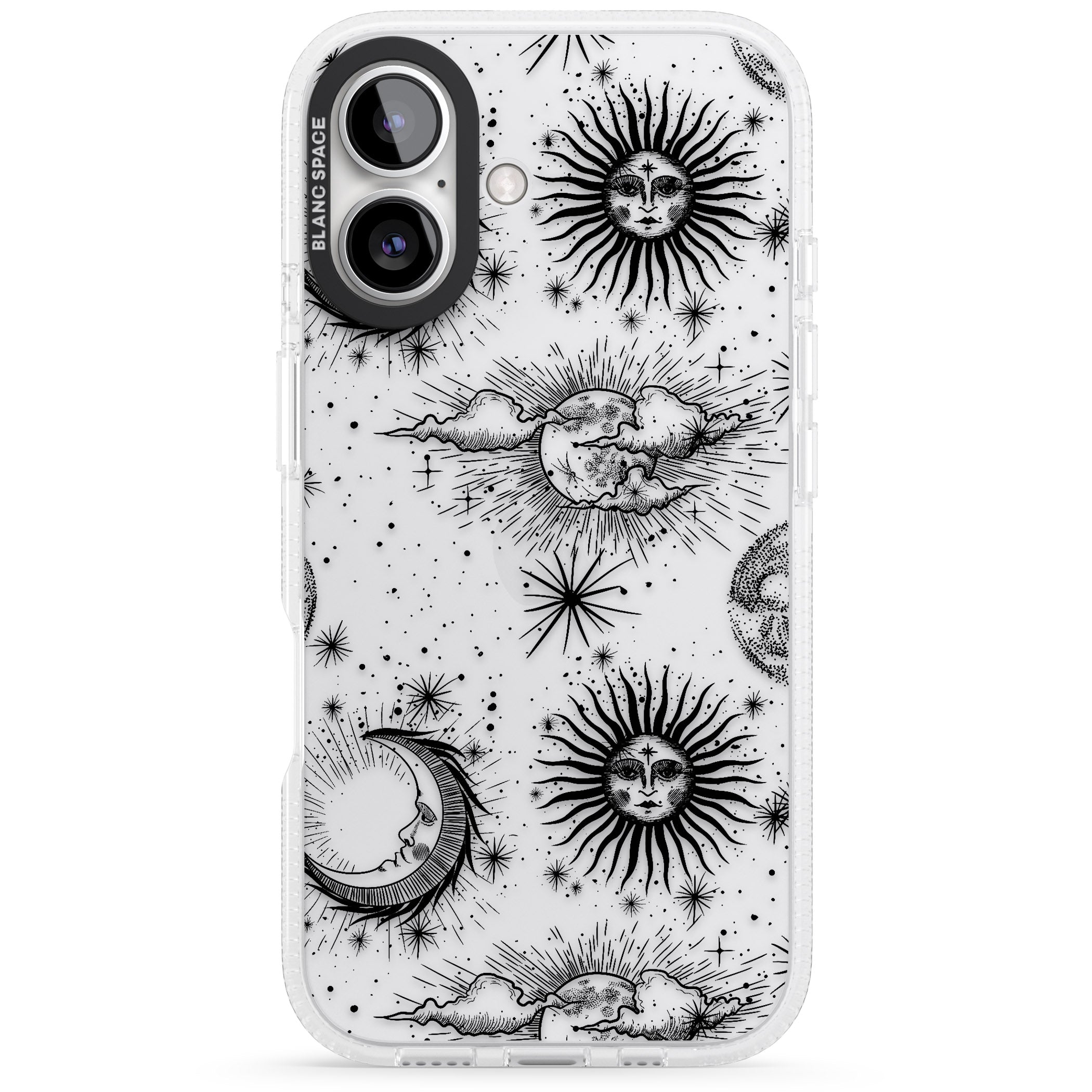 Transparent Suns, Moons & Clouds iPhone 16 / 16 Plus Clear Case Impact Air - Blanc Space