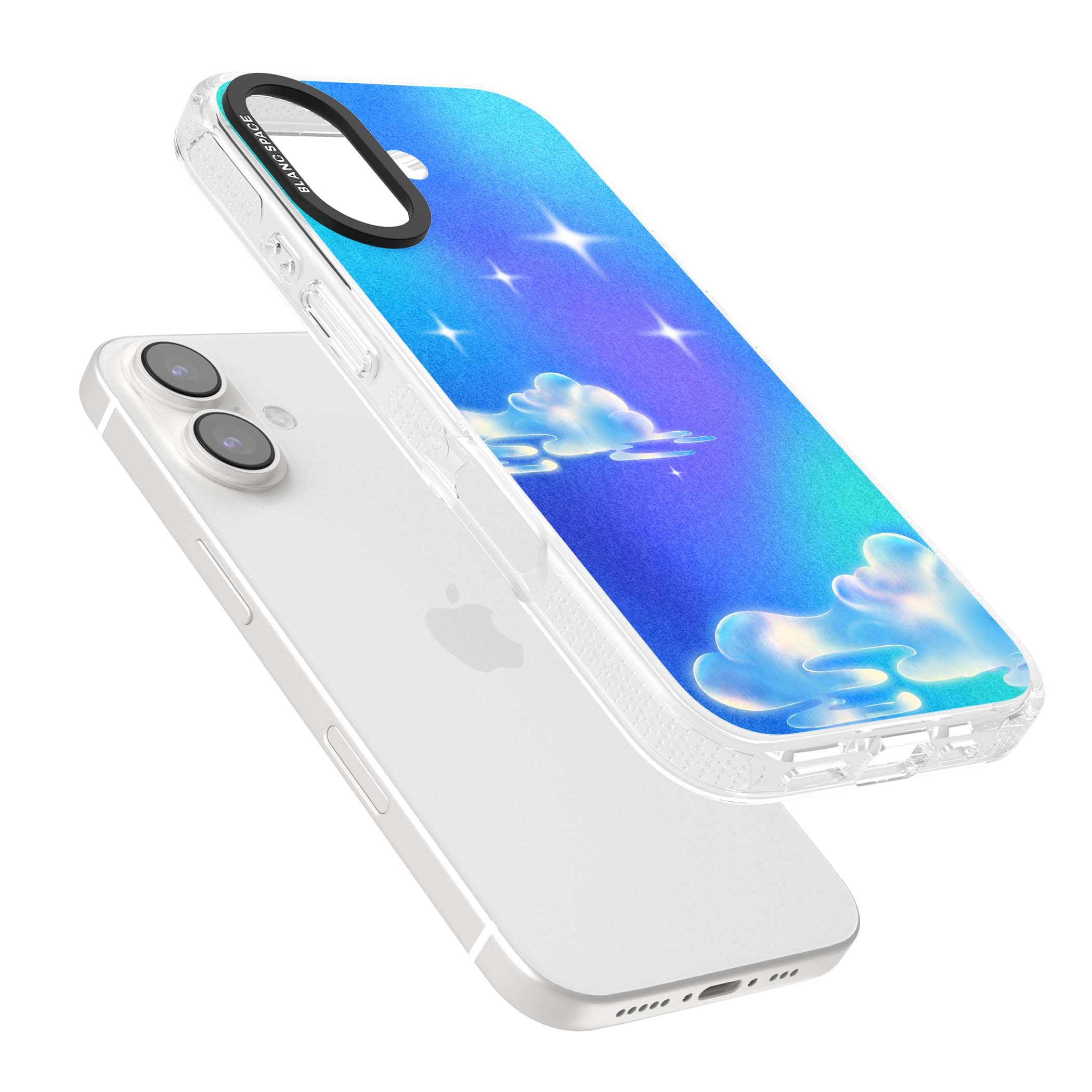 Aurora celestial iPhone case featuring dreamy iridescent clouds, sparkling stars and pastel blue purple sky | Clear Case Impact Air case for iPhone 16, iPhone 16 Plus