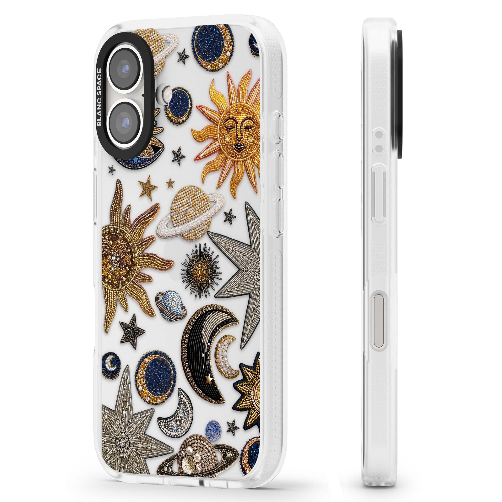 Beaded Cosmos celestial iPhone case featuring embroidered golden suns, beaded planets and silver shooting stars | Clear Case Impact Air case for iPhone 16, iPhone 16 Plus