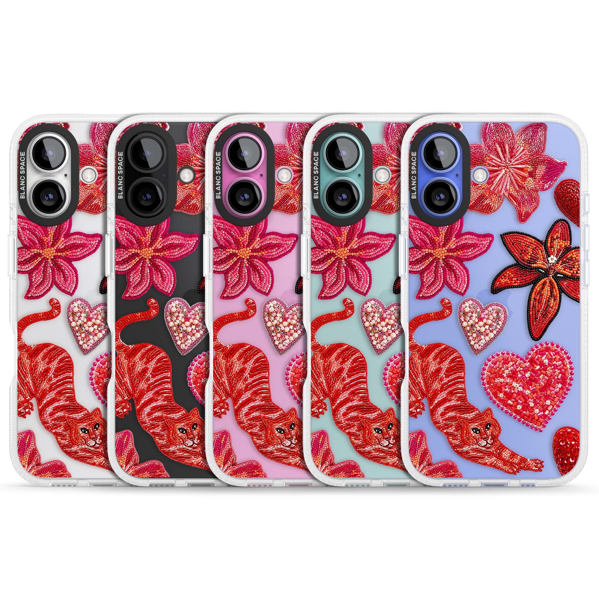 Beaded Boho floral iPhone case featuring beaded red lilies, a stitched tiger, and pearl-encrusted hearts on clear | Clear Case Impact Air case for iPhone 16, iPhone 16 Plus