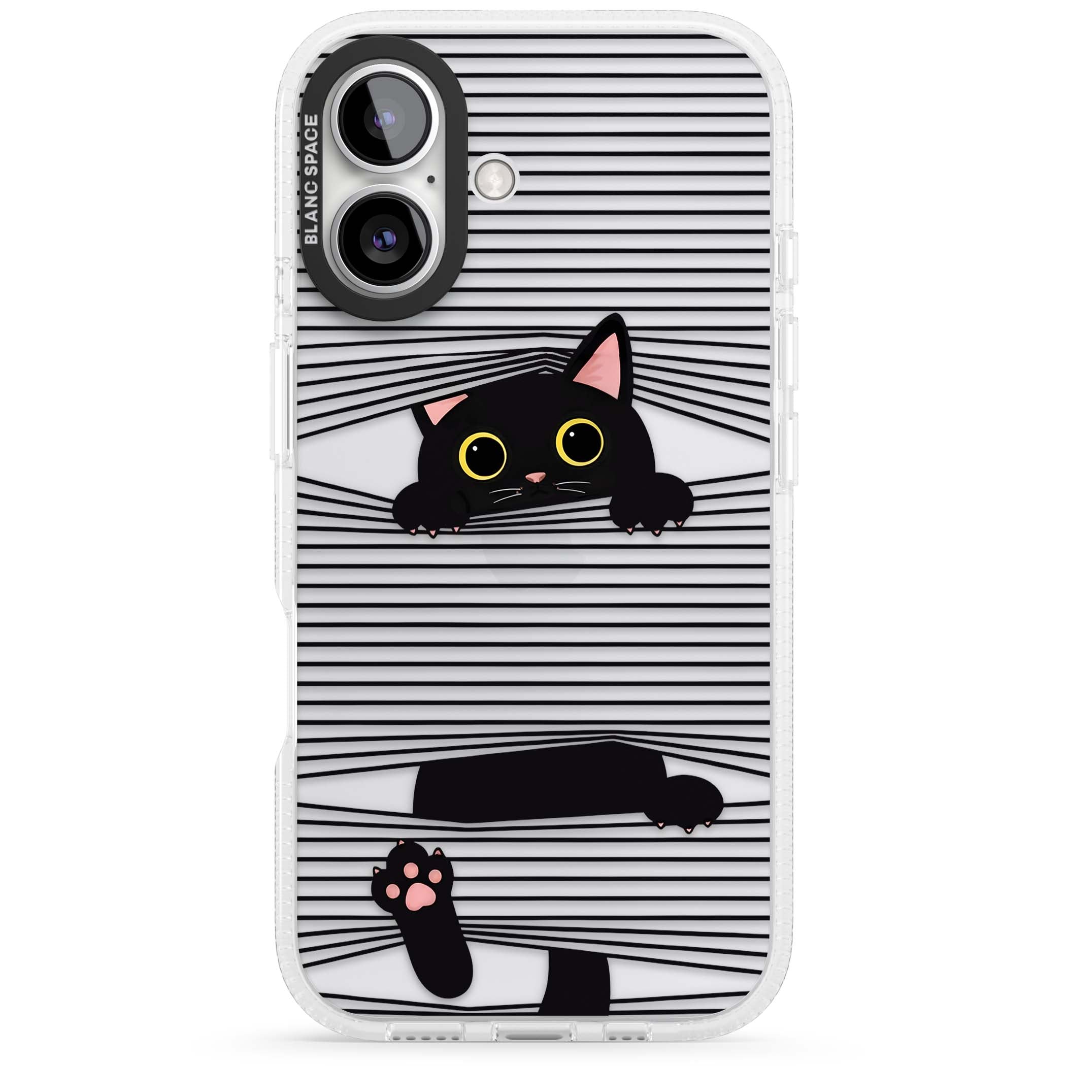 Peek-a-Boo Cat minimal iPhone case featuring black cat peeking through horizontal black and white stripes | Clear Case Impact Air case for iPhone 16, iPhone 16 Plus