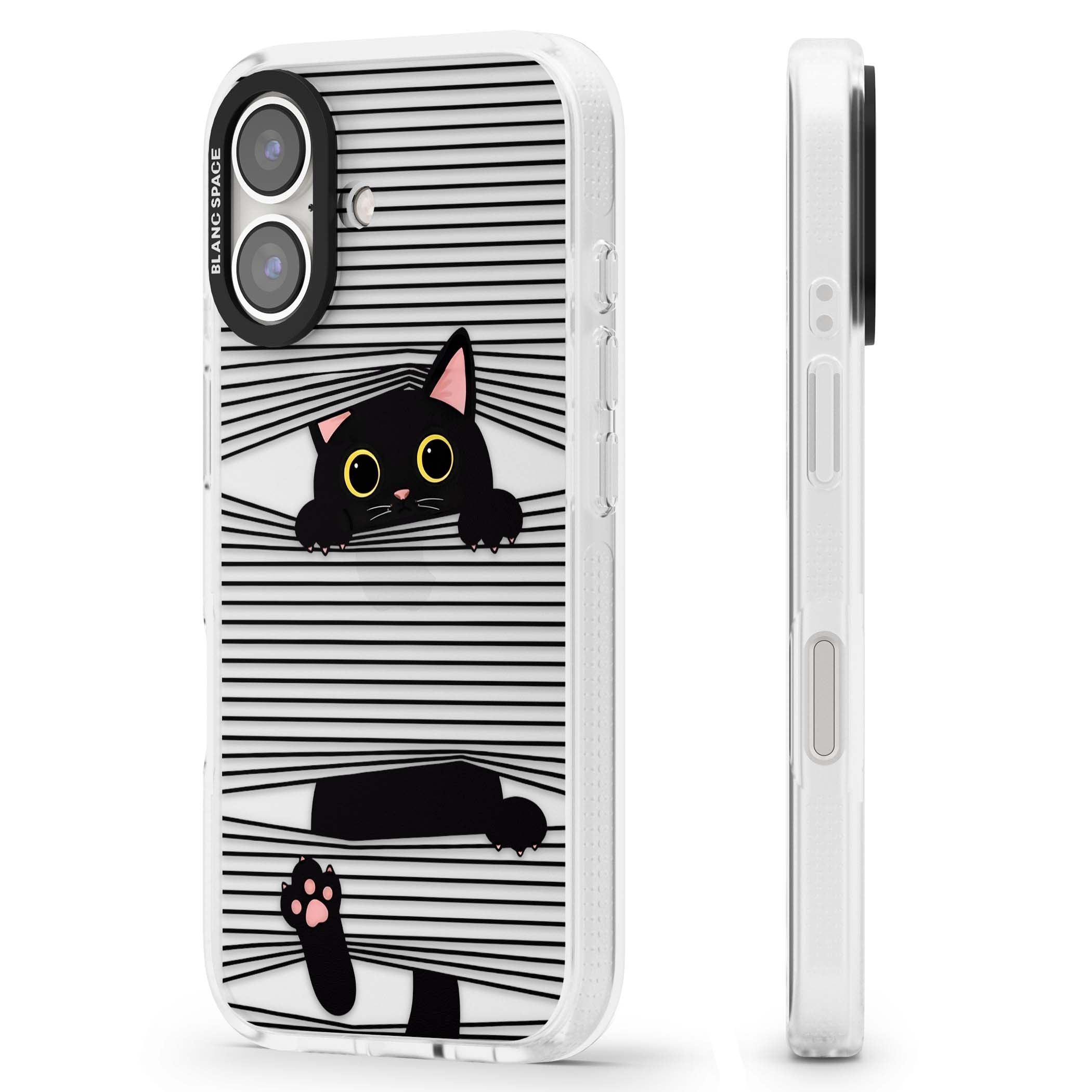 Peek-a-Boo Cat minimal iPhone case featuring black cat peeking through horizontal black and white stripes | Clear Case Impact Air case for iPhone 16, iPhone 16 Plus