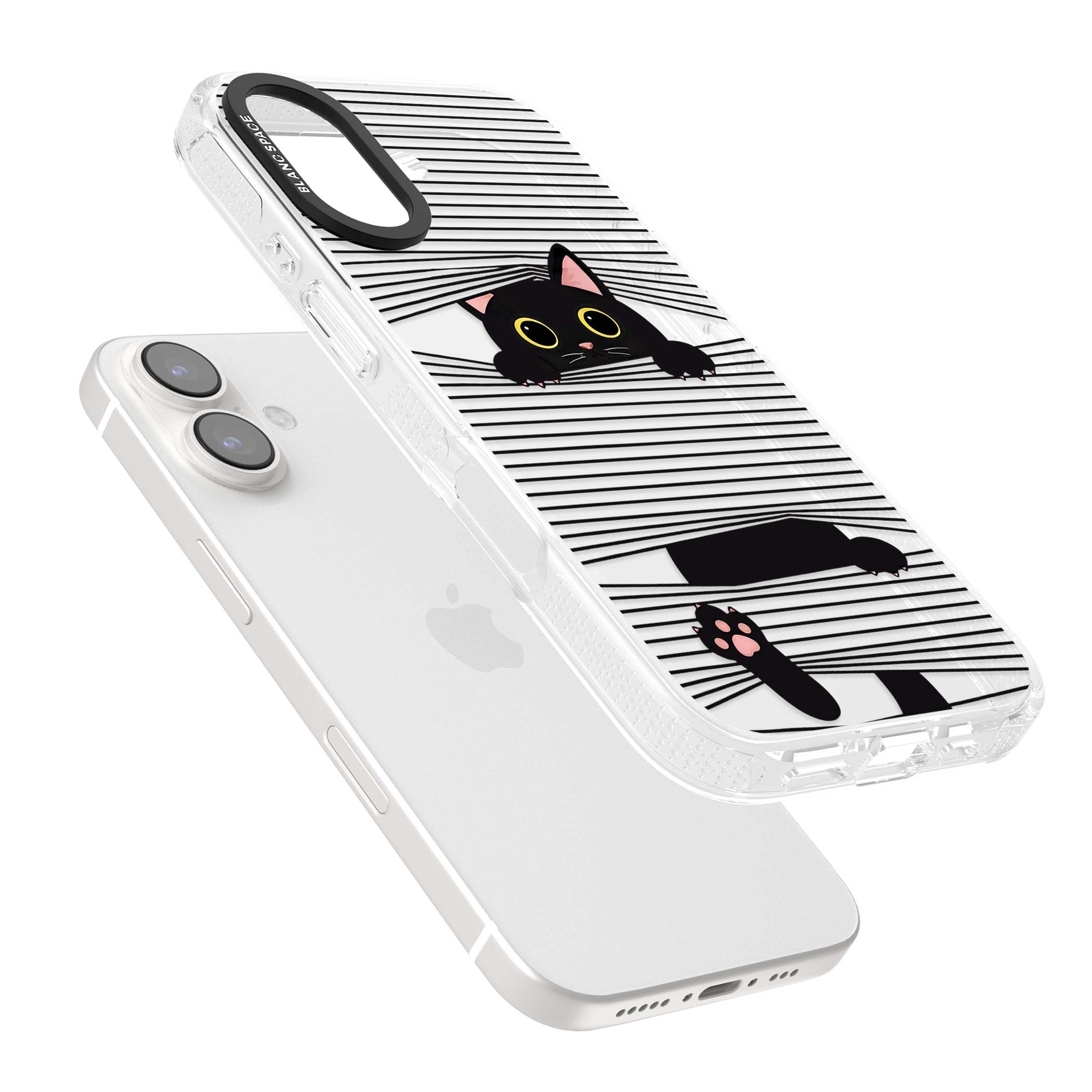 Peek-a-Boo Cat minimal iPhone case featuring black cat peeking through horizontal black and white stripes | Clear Case Impact Air case for iPhone 16, iPhone 16 Plus