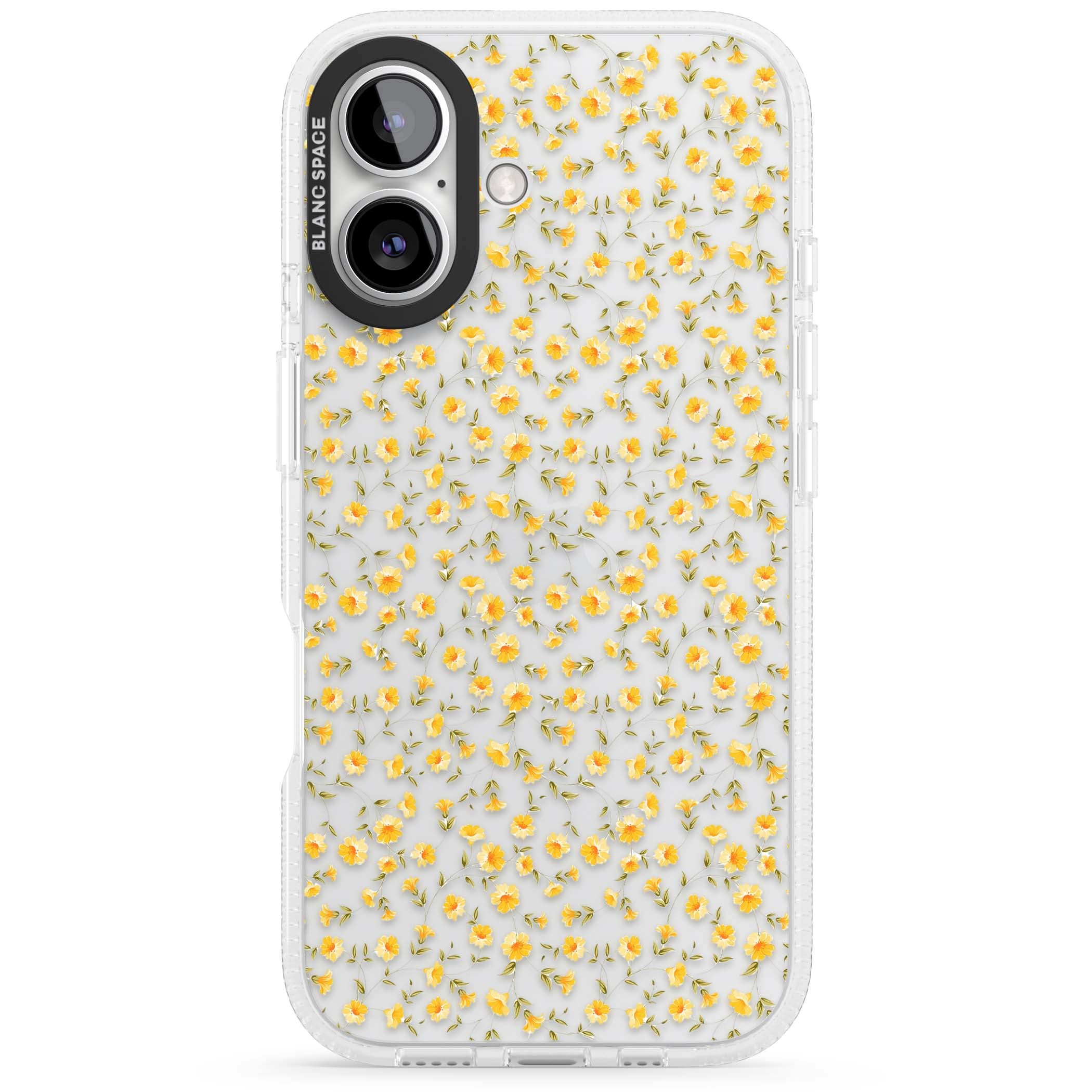 Buttercup wildflower iPhone case featuring tiny yellow flowers and trailing green vines on clear | Clear Case Impact Air case for iPhone 16, iPhone 16 Plus