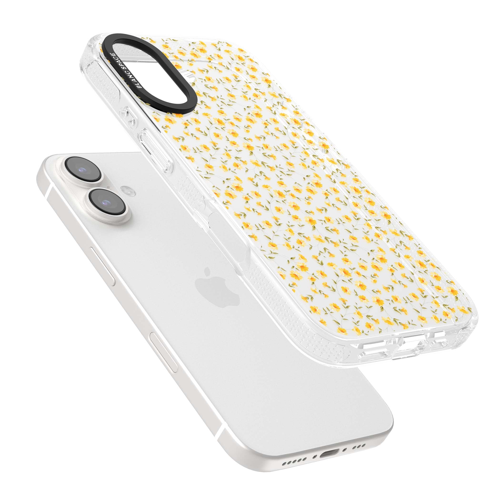 Buttercup wildflower iPhone case featuring tiny yellow flowers and trailing green vines on clear | Clear Case Impact Air case for iPhone 16, iPhone 16 Plus
