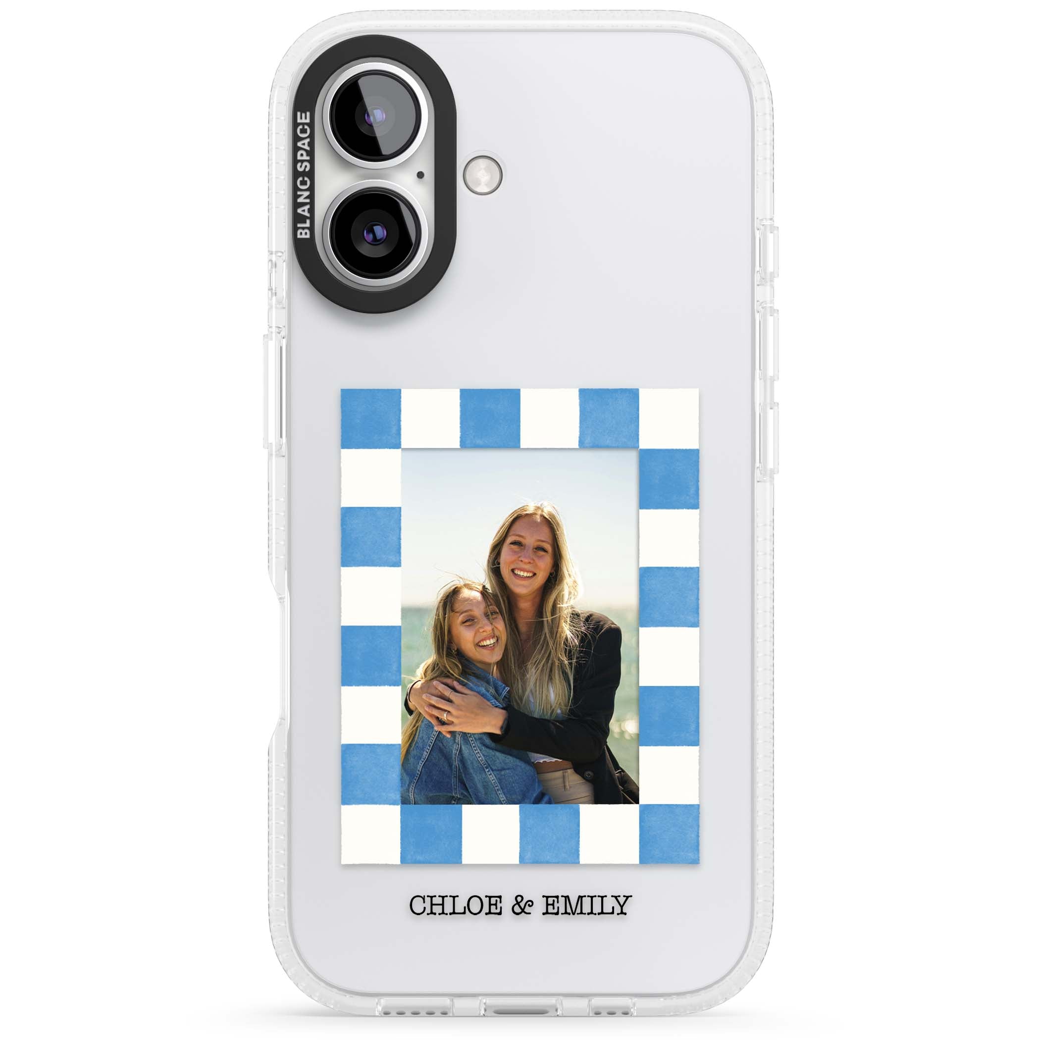 Blue Check Photo personalised photo iPhone case with blue checkered frame and custom couple names | Clear Case Impact Air case for iPhone 16, iPhone 16 Plus