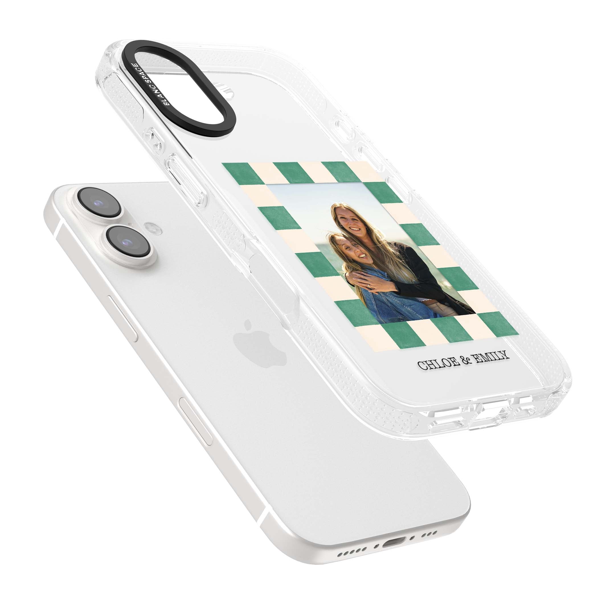 Seafoam Check Photo personalised iPhone case featuring a custom polaroid photo, green and cream checkered frame, and custom n | Clear Case Impact Air case for iPhone 16, iPhone 16 Plus