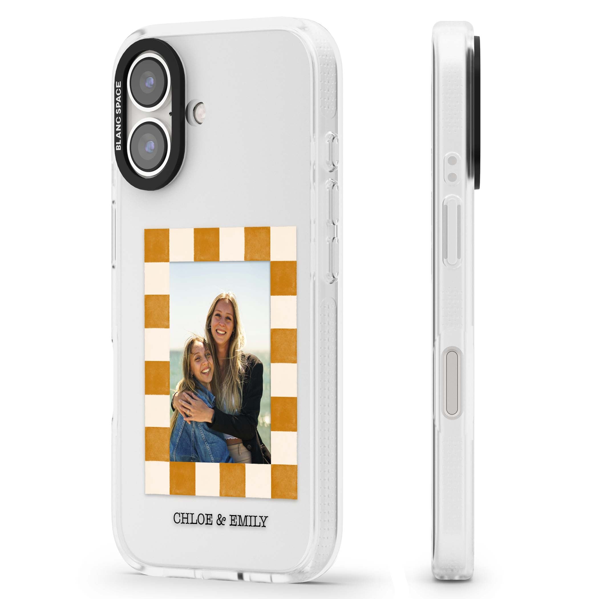 Citrus Check Photo personalised iPhone case with custom photo, orange checkered frame and names underneath | Clear Case Impact Air case for iPhone 16, iPhone 16 Plus