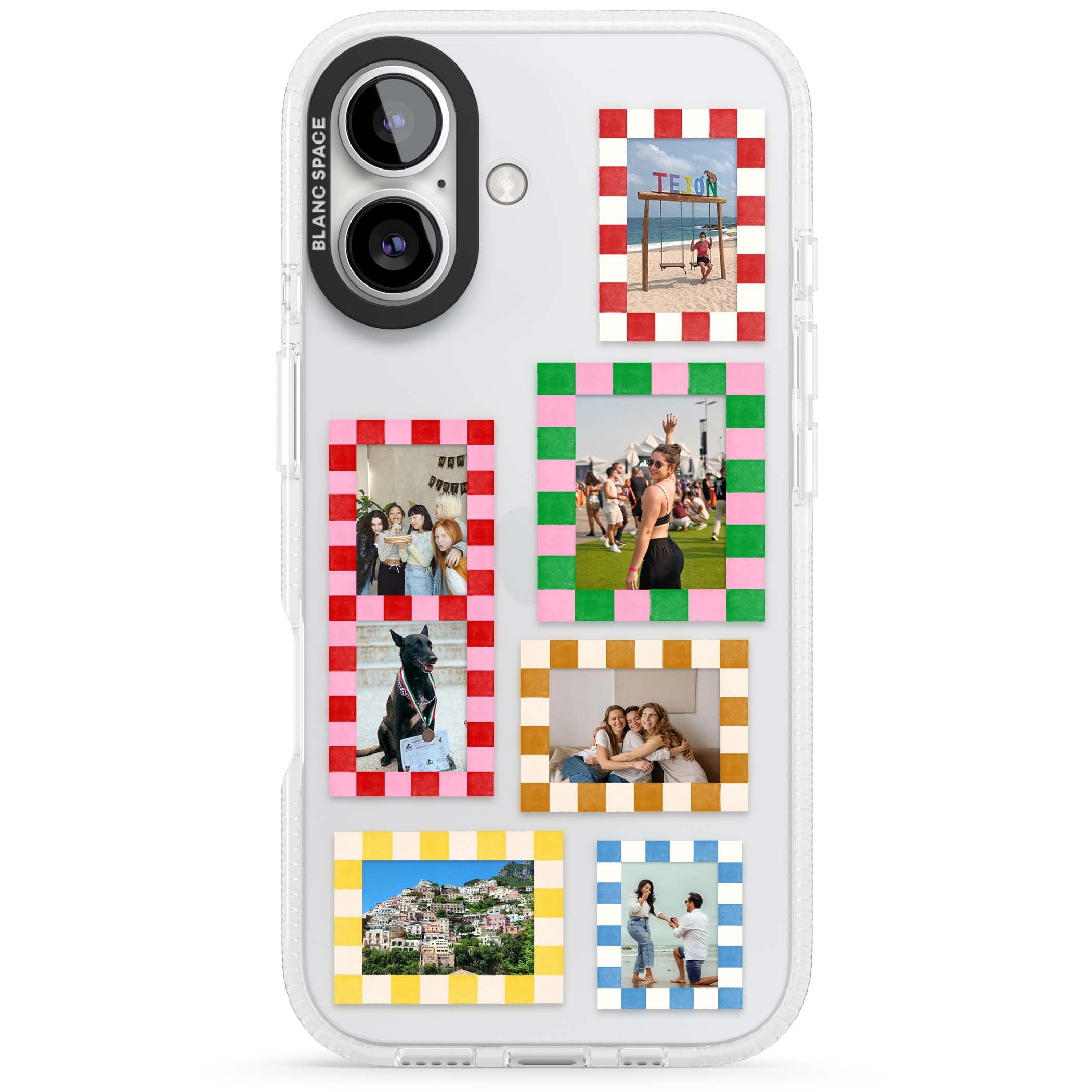 Italian Check Frames custom photo collage iPhone case featuring six checkered photo frames in red, green, pink and  | Clear Case Impact Air case for iPhone 16, iPhone 16 Plus