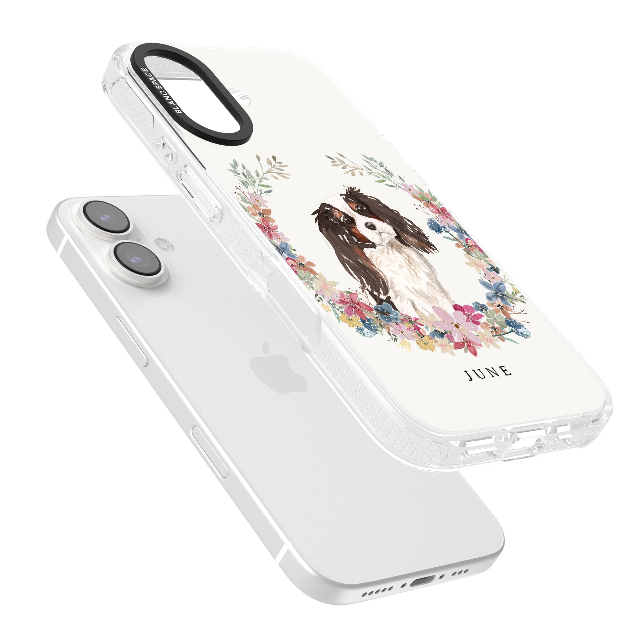 Personalised Tri Coloured King Charles Watercolour Dog Portrait iPhone 16 / 16 Plus Clear Case Impact Air - Blanc Space