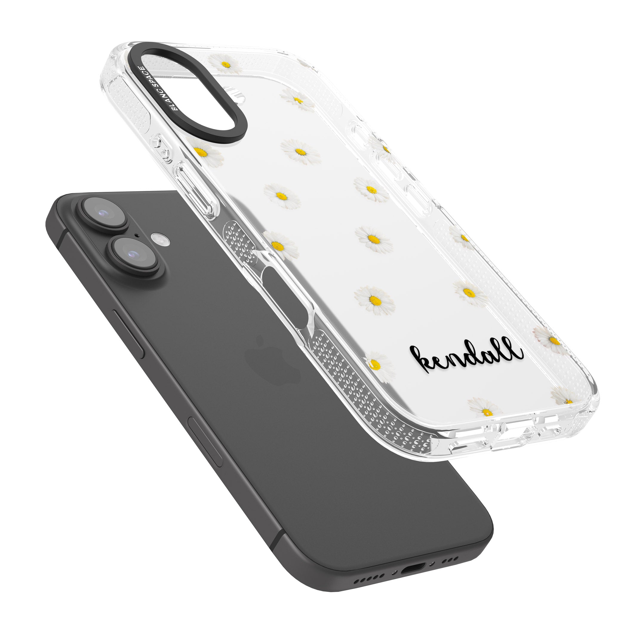 Personalised White Daisies & Cursive iPhone 16 / 16 Plus Clear Case Impact Air - Blanc Space