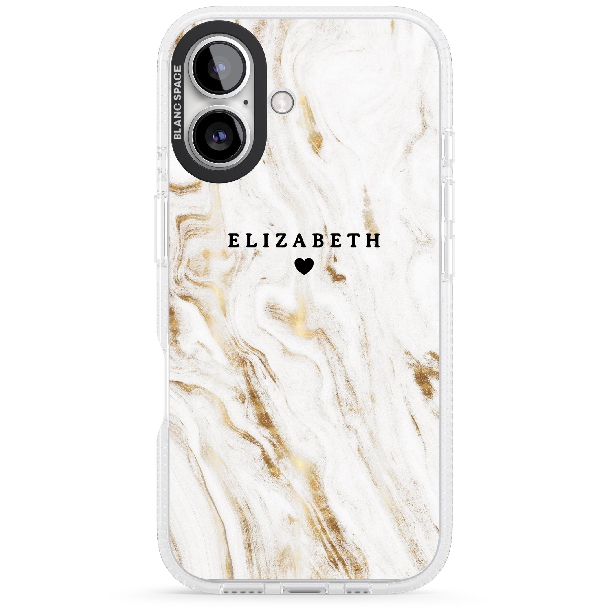 Personalised White & Gold Swirl Marble iPhone 16 / 16 Plus Clear Case Impact Air - Blanc Space