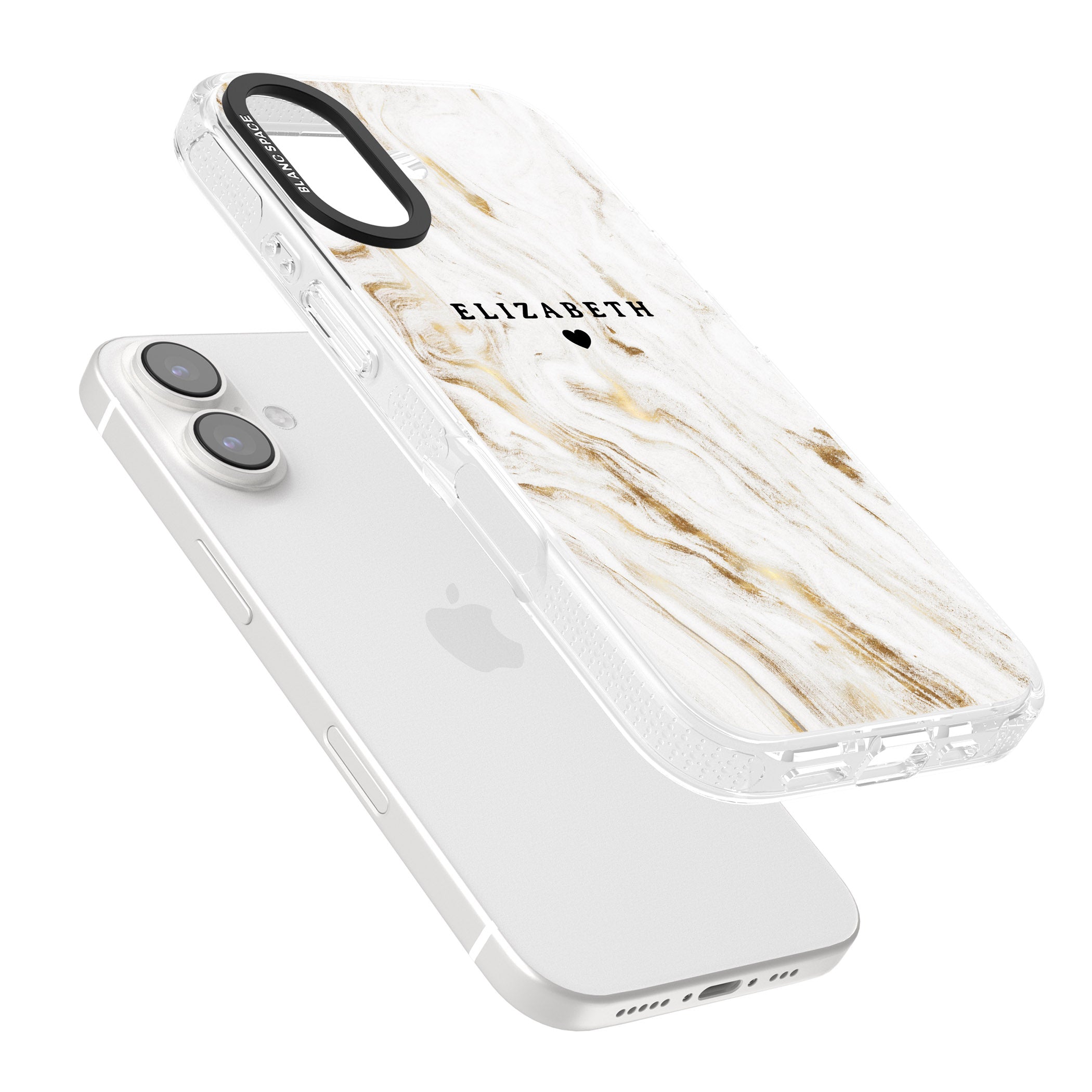 Personalised White & Gold Swirl Marble iPhone 16 / 16 Plus Clear Case Impact Air - Blanc Space