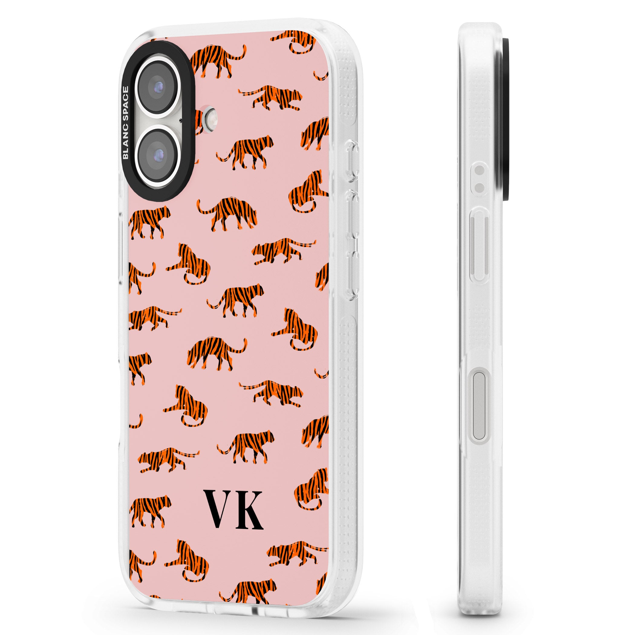 Personalised Safari Tiger Pattern on Pink iPhone 16 / 16 Plus Clear Case Impact Air - Blanc Space