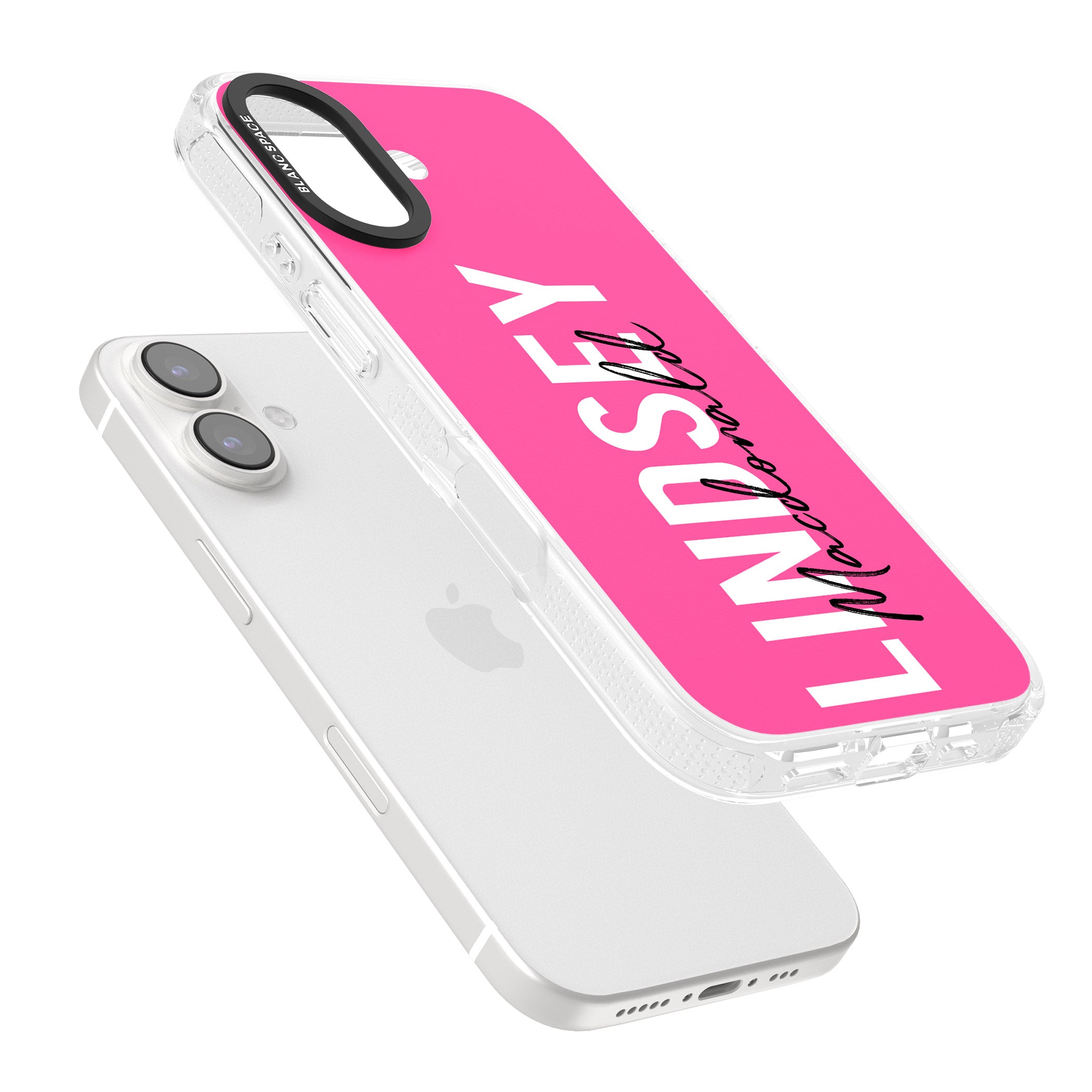 Personalised Bold Name: Pink iPhone 16 / 16 Plus Clear Case Impact Air - Blanc Space