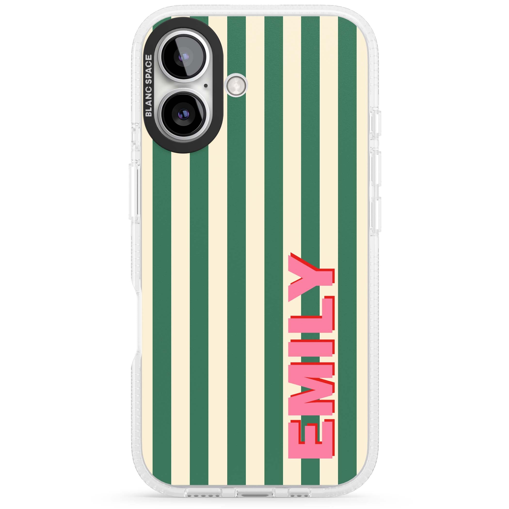 Wimbledon Stripe preppy iPhone case featuring green and cream vertical stripes with a personalised pink name | Clear Case Impact Air case for iPhone 16, iPhone 16 Plus