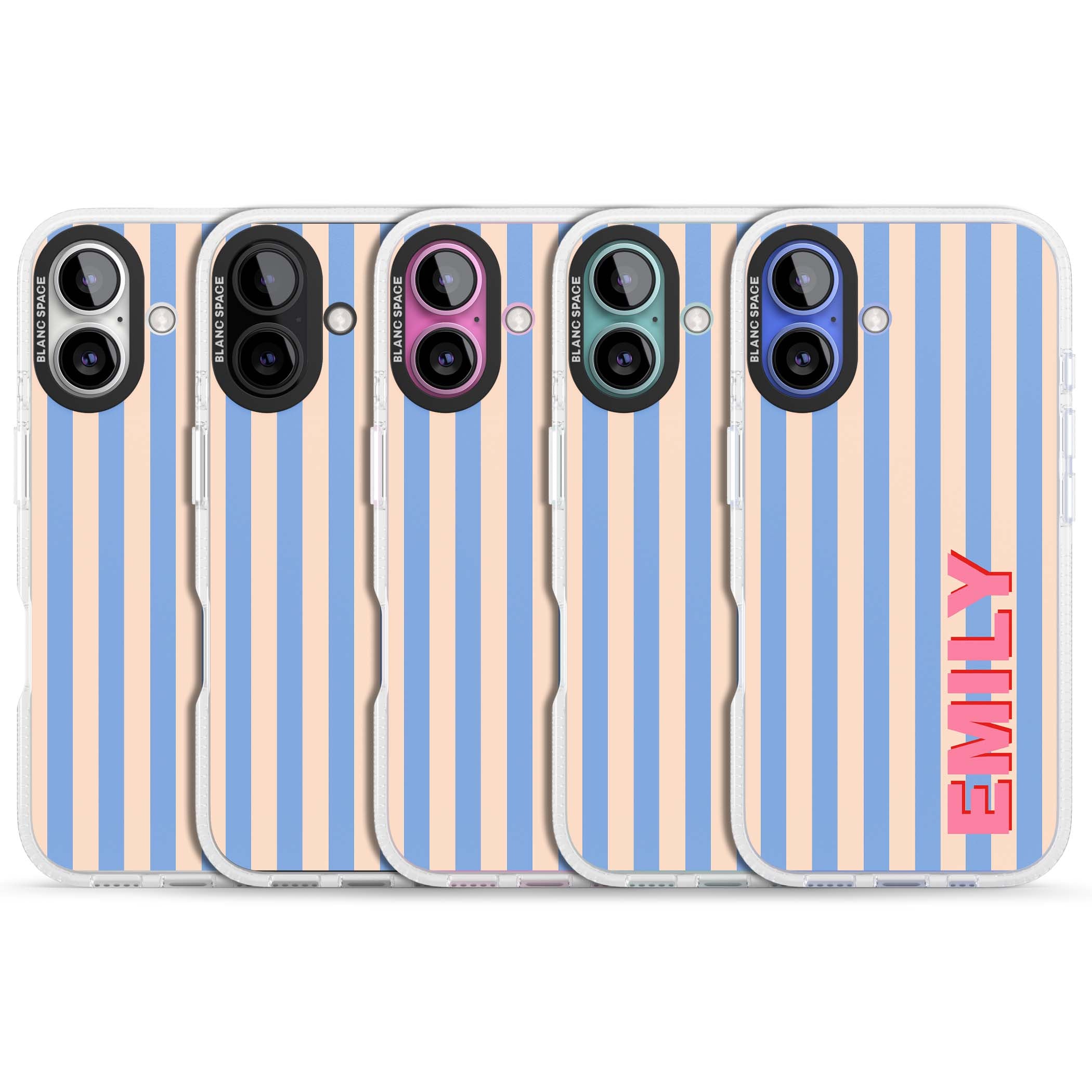 Coastal Stripe personalised coastal iPhone case with blue and peach vertical stripes and custom pink name | Clear Case Impact Air case for iPhone 16, iPhone 16 Plus