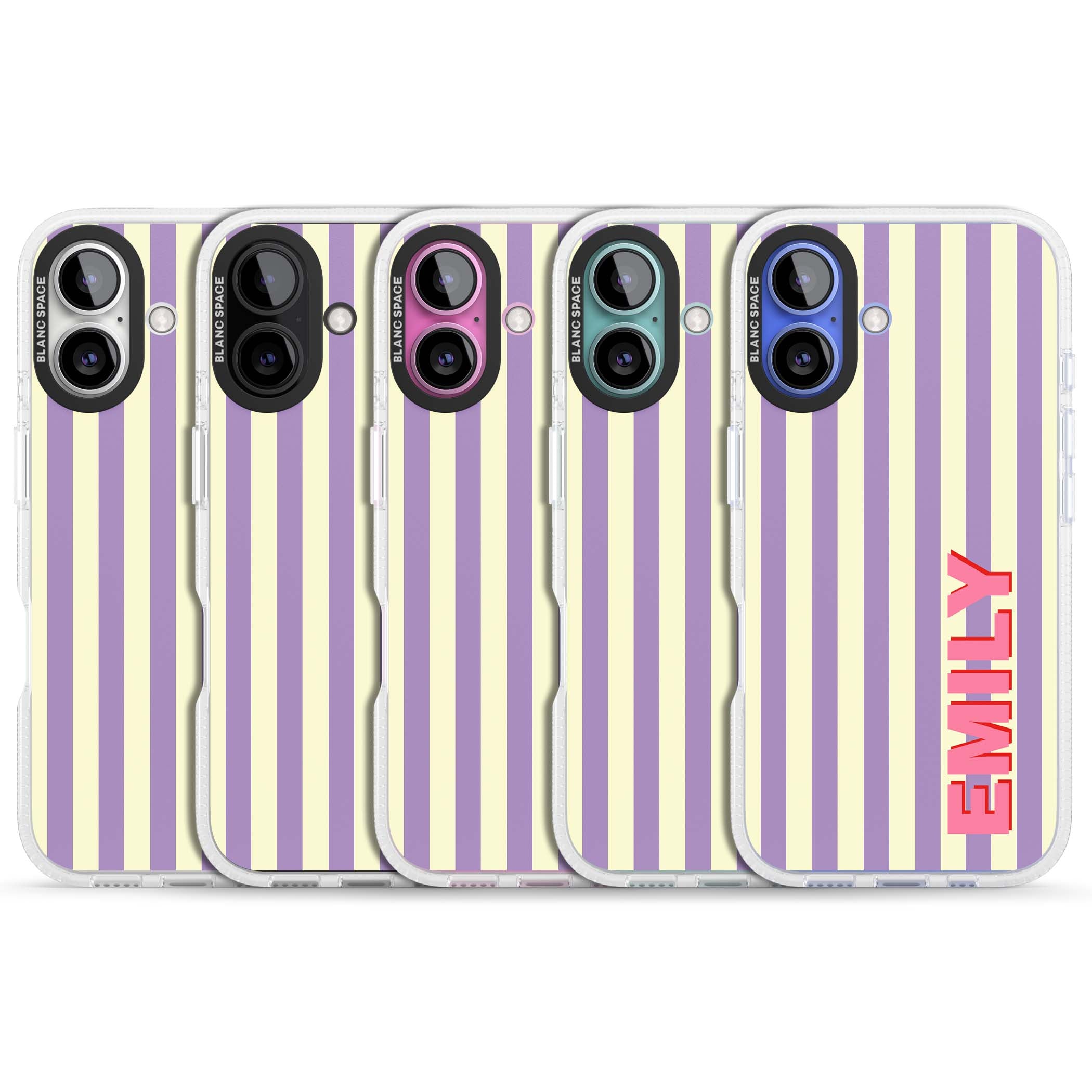 Valensole Stripe personalised iPhone case with purple and cream vertical stripes and pink custom name | Clear Case Impact Air case for iPhone 16, iPhone 16 Plus