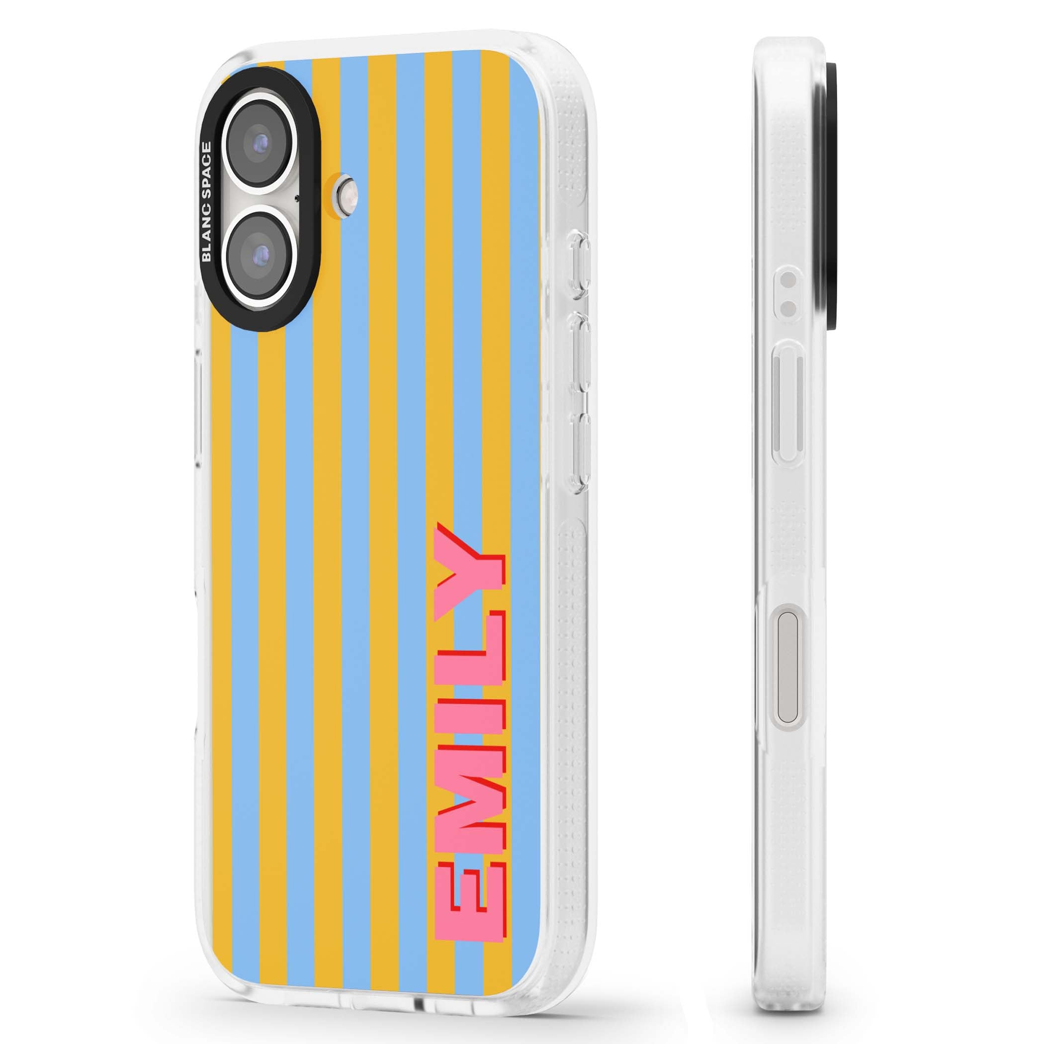 Carribean Stripe personalised coastal iPhone case with yellow and blue vertical stripes and a custom pink name | Clear Case Impact Air case for iPhone 16, iPhone 16 Plus