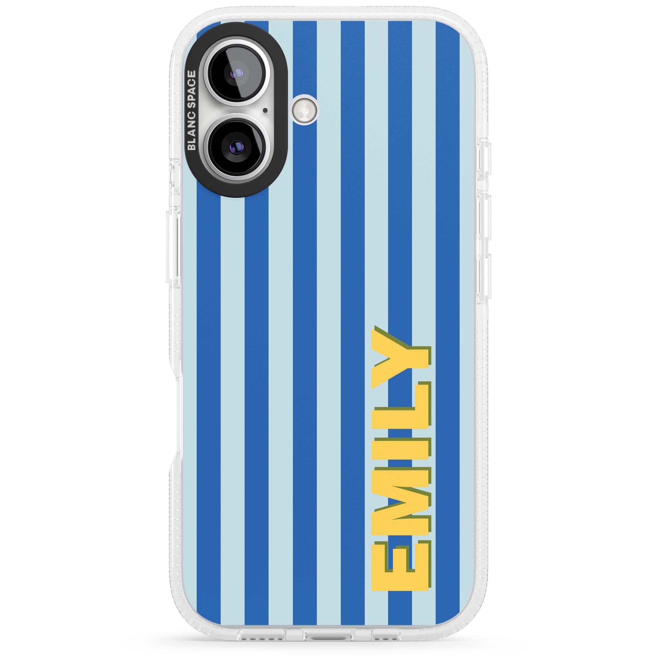 Athenian Stripe personalised preppy iPhone case featuring blue vertical stripes and a custom yellow name | Clear Case Impact Air case for iPhone 16, iPhone 16 Plus